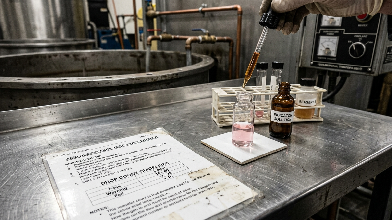 Acid acceptance titration test kit on a metal workbench beside an industrial vapor degreaser Acid acceptance titration test kit on a metal workbench beside an industrial vapor degreaser