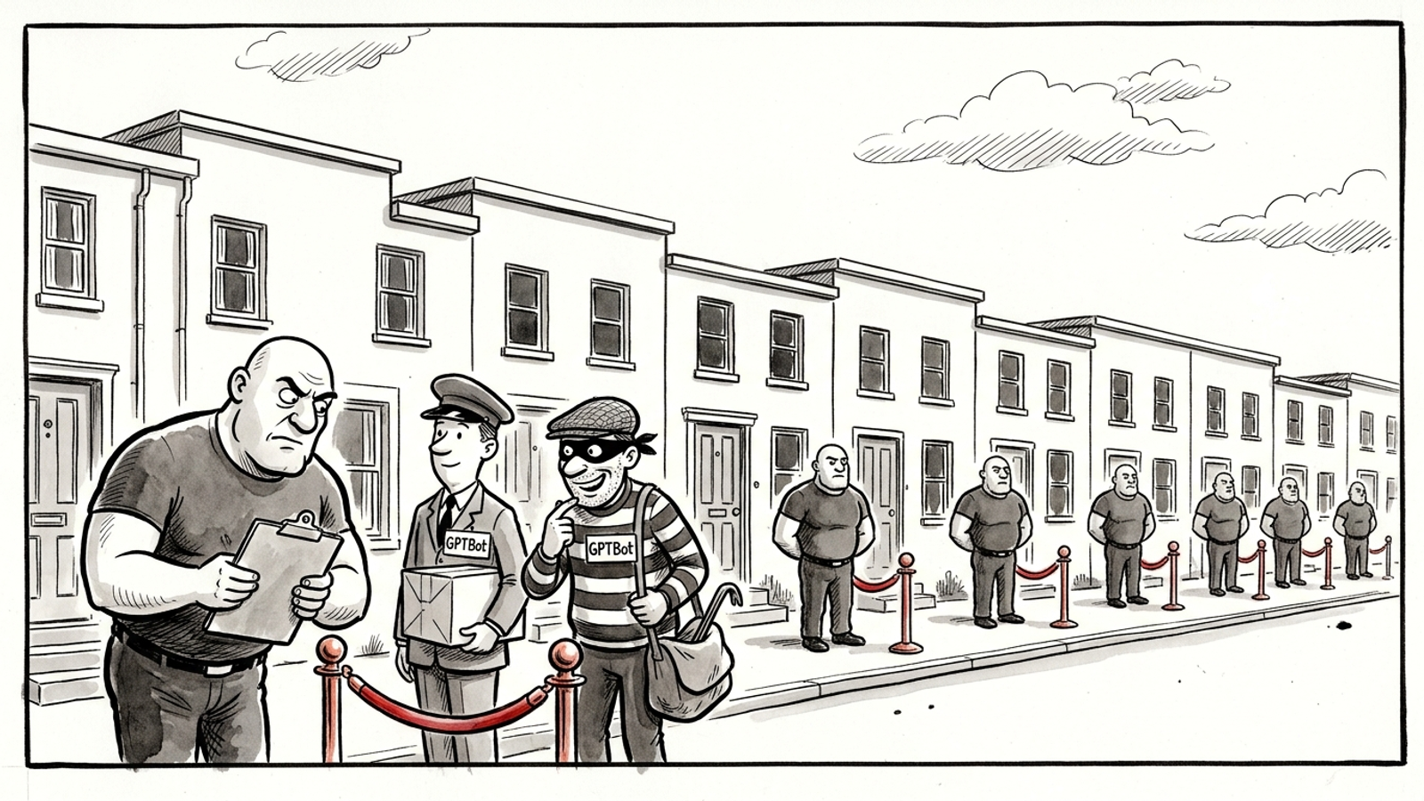 Cartoon bouncers guard ten houses from the sidewalk; one eyes a queue where a masked burglar wears the same 'GPTBot' name tag as a real courier.