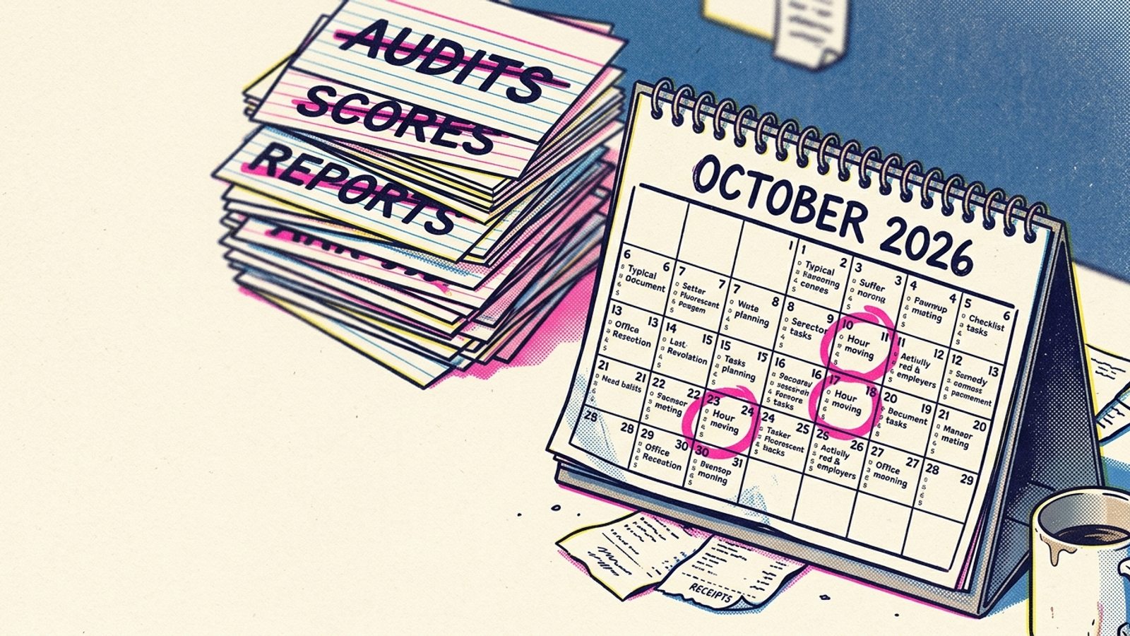 A shop calendar with four one-hour blocks circled beside a stack of skipped SEO tasks