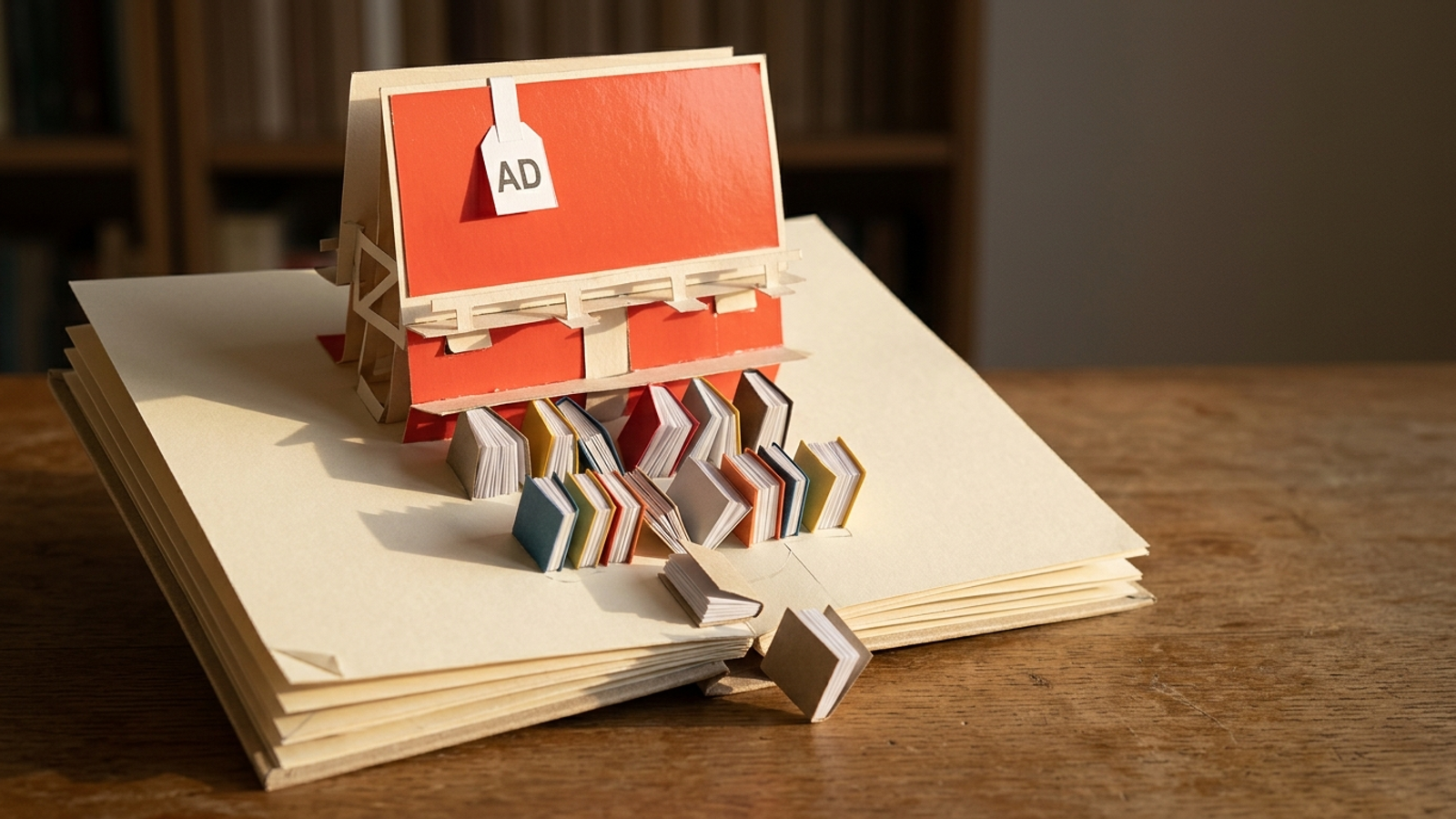 A pop-up book whose answer page springs up a giant red billboard marked AD, crowding tiny cited source books off the bottom of the page.
