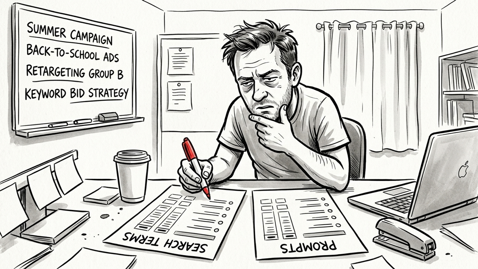Ink cartoon of a search marketer comparing prompt and search term reports