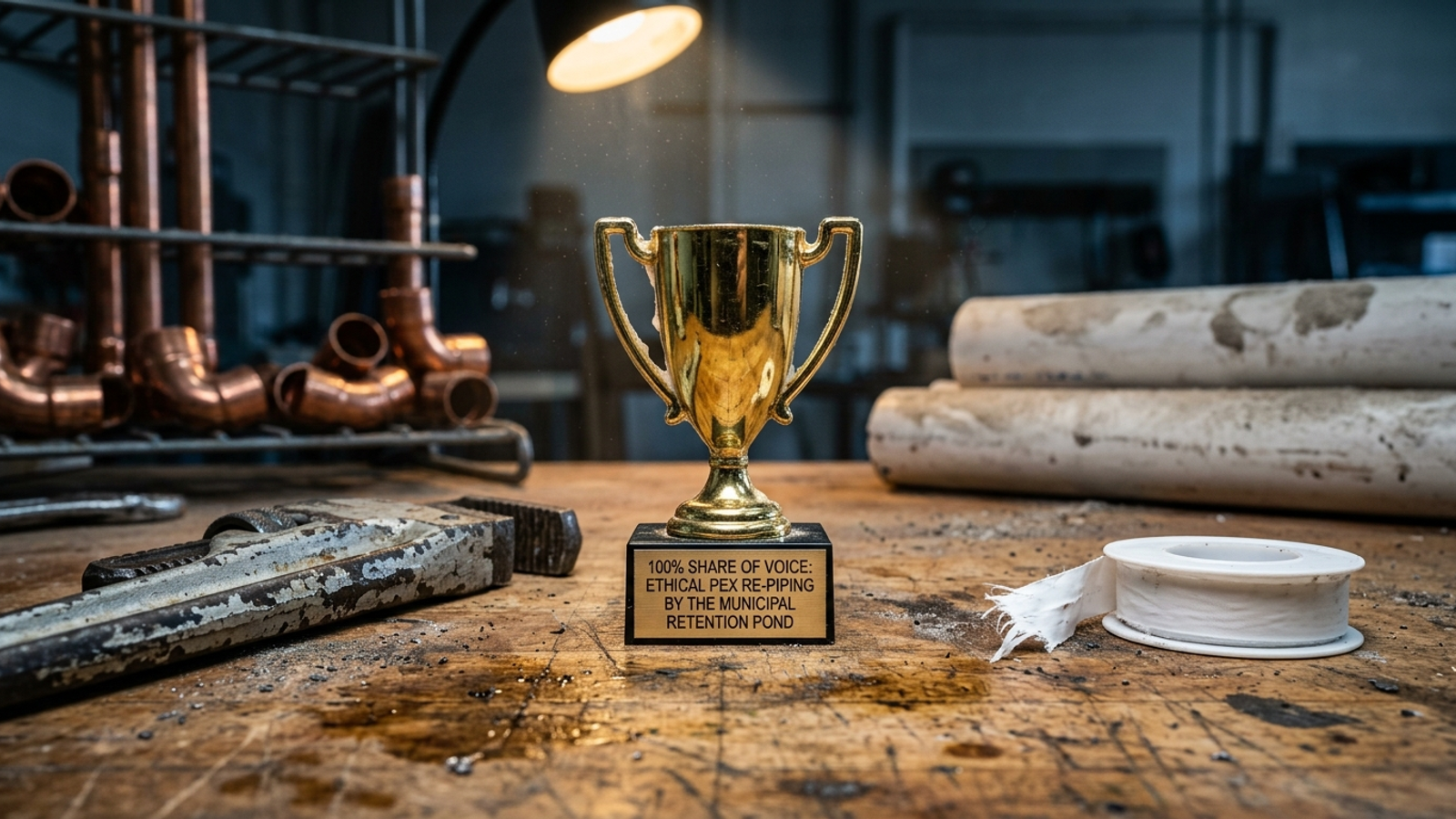 A plastic gold trophy for a plumbing award on a workshop bench beside a rusty pipe wrench.