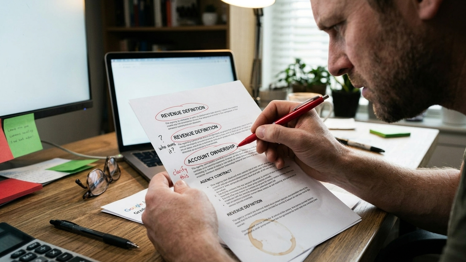 Founder's hands marking revenue-definition and exit clauses on a contract