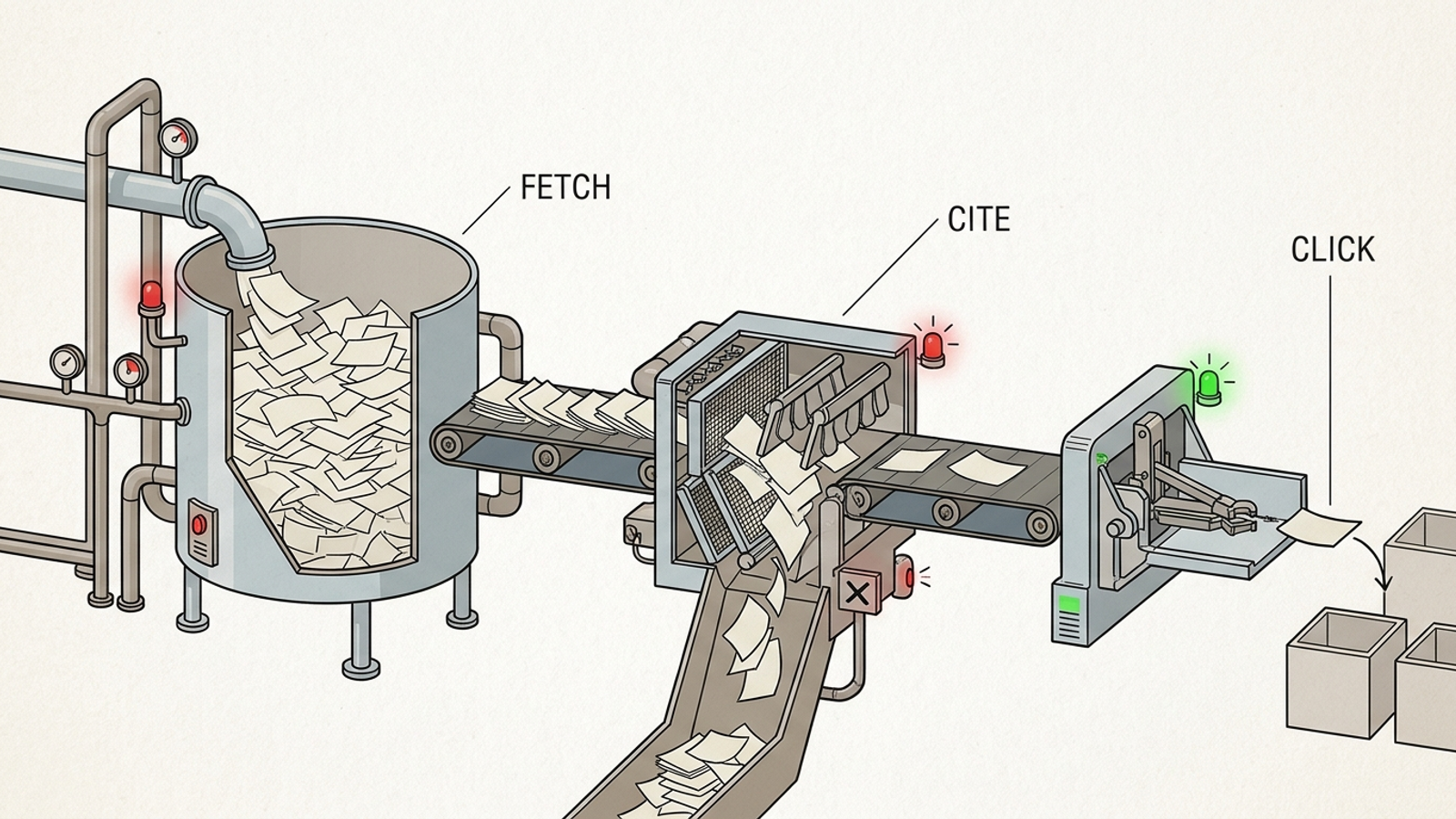 Cutaway diagram of an AI answer pipeline showing fetch, citation and click stages