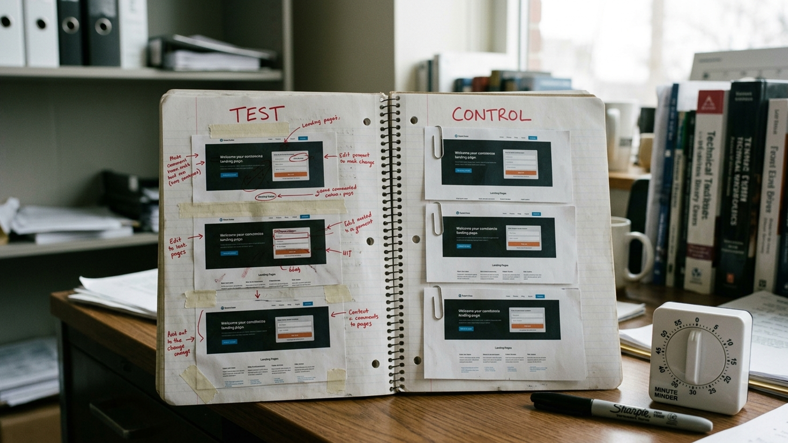 Lab notebook showing test and control columns beside a timer