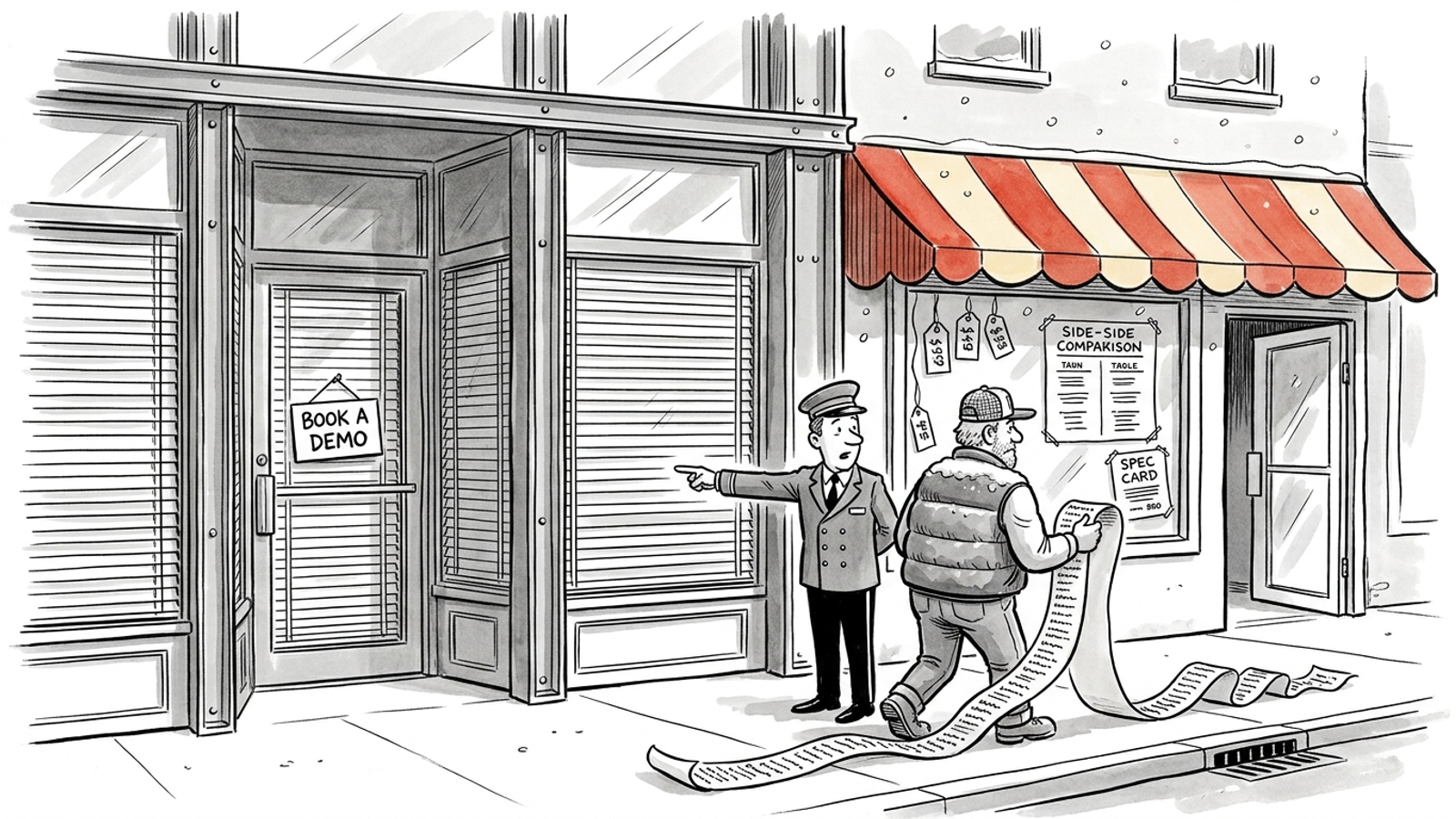 Cartoon concierge points a trucker with a long list of needs past a big shuttered store marked 'BOOK A DEMO' to a small shop that shows its prices.