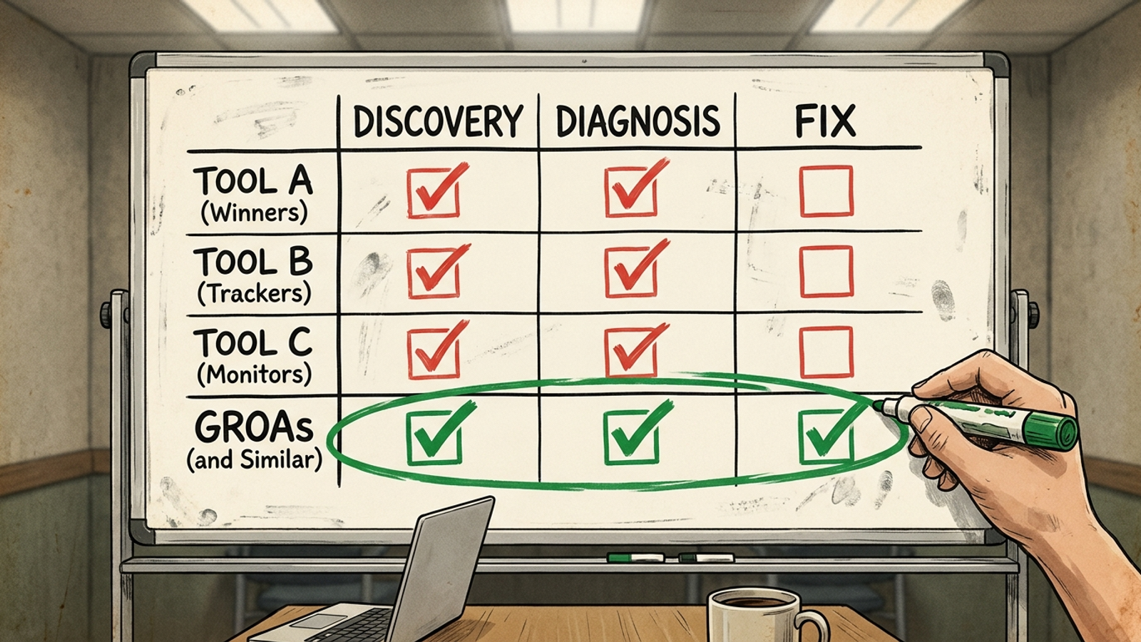 Chart comparing AI visibility options by losing-prompt discovery and fixes shipped