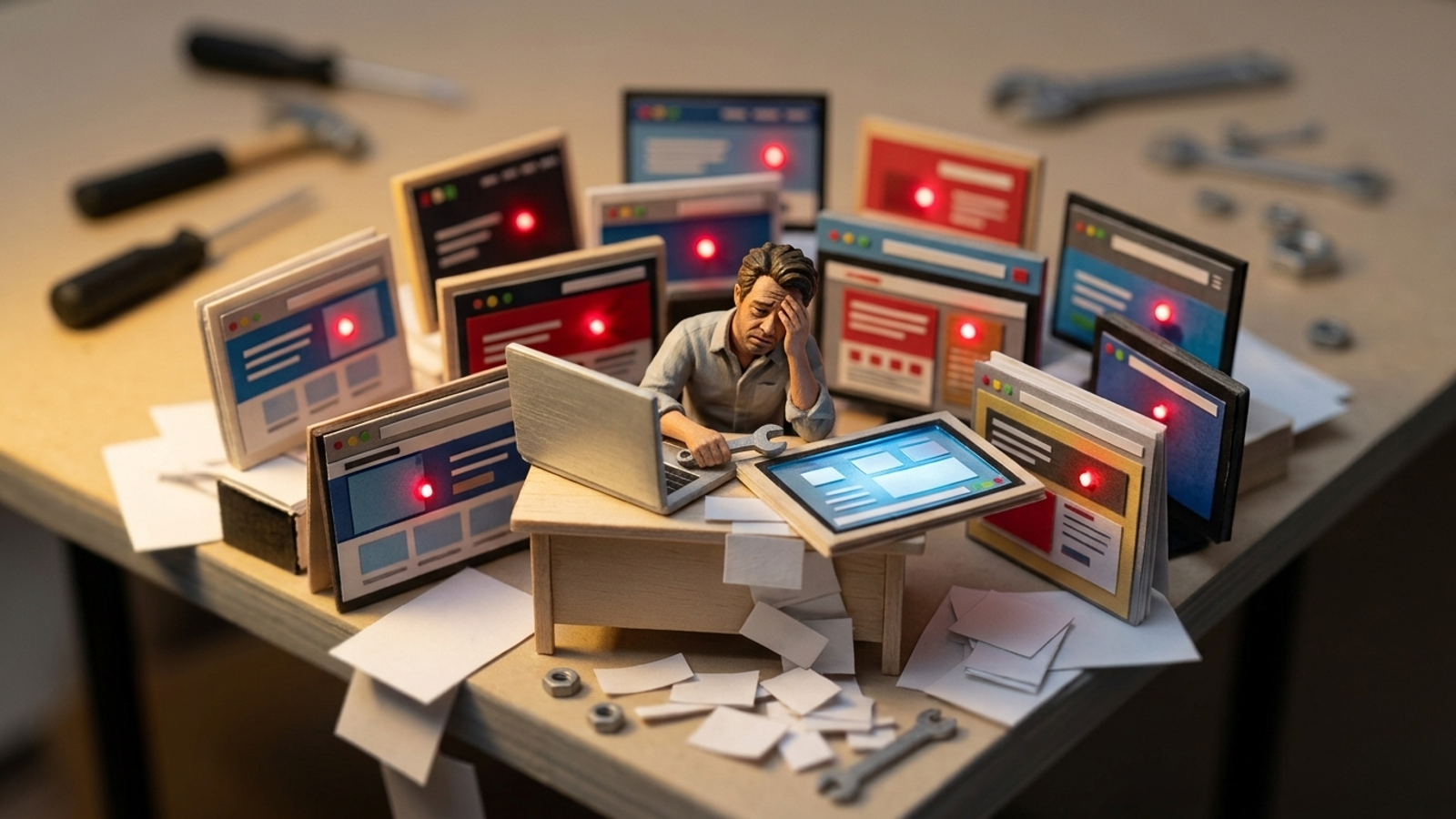 Miniature office with tiny workers buried under multiplying client websites