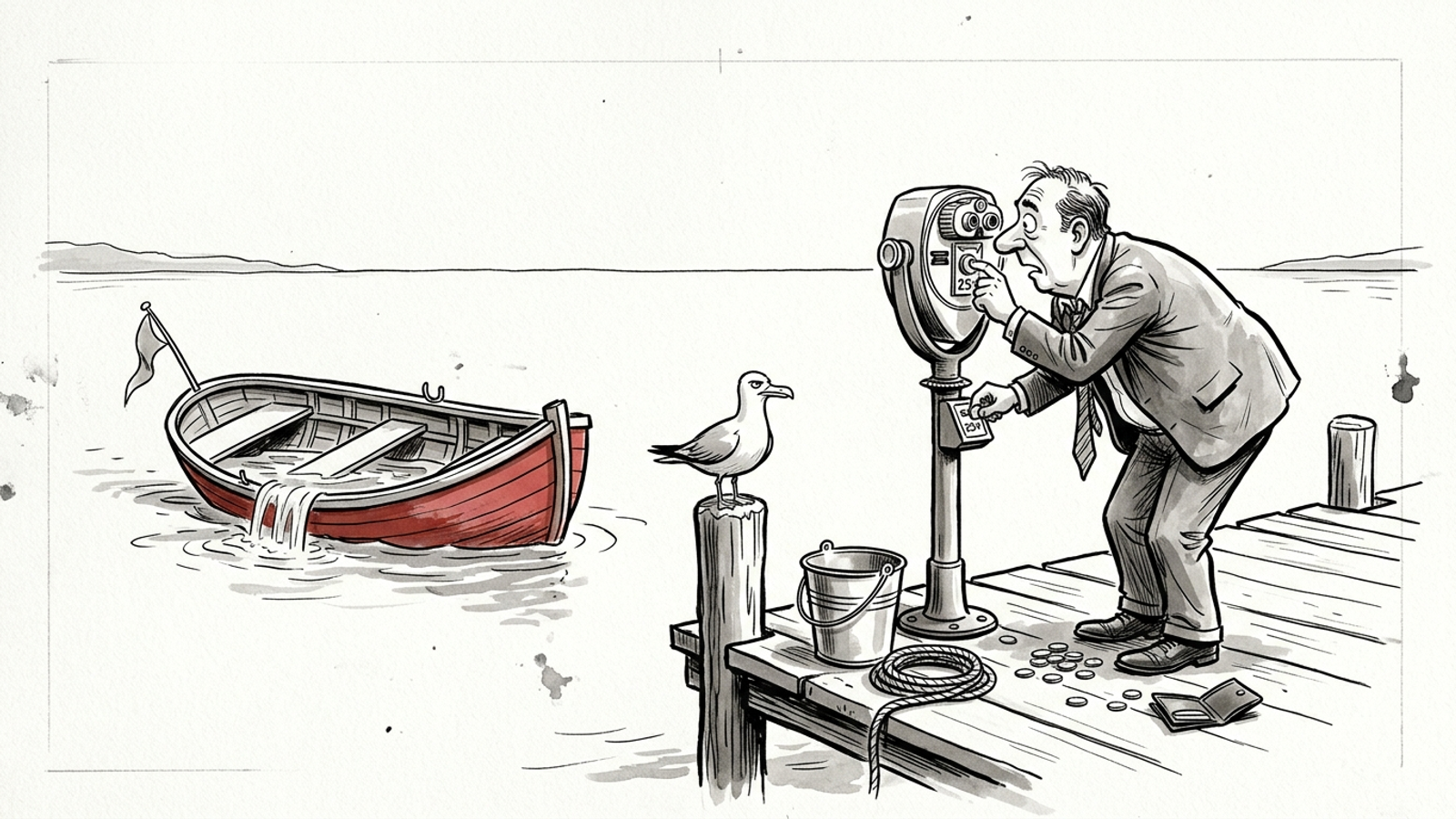 Cartoon of a man paying a coin-operated viewer to watch his own rowboat sink nearby, ignoring the bailing bucket at his feet.