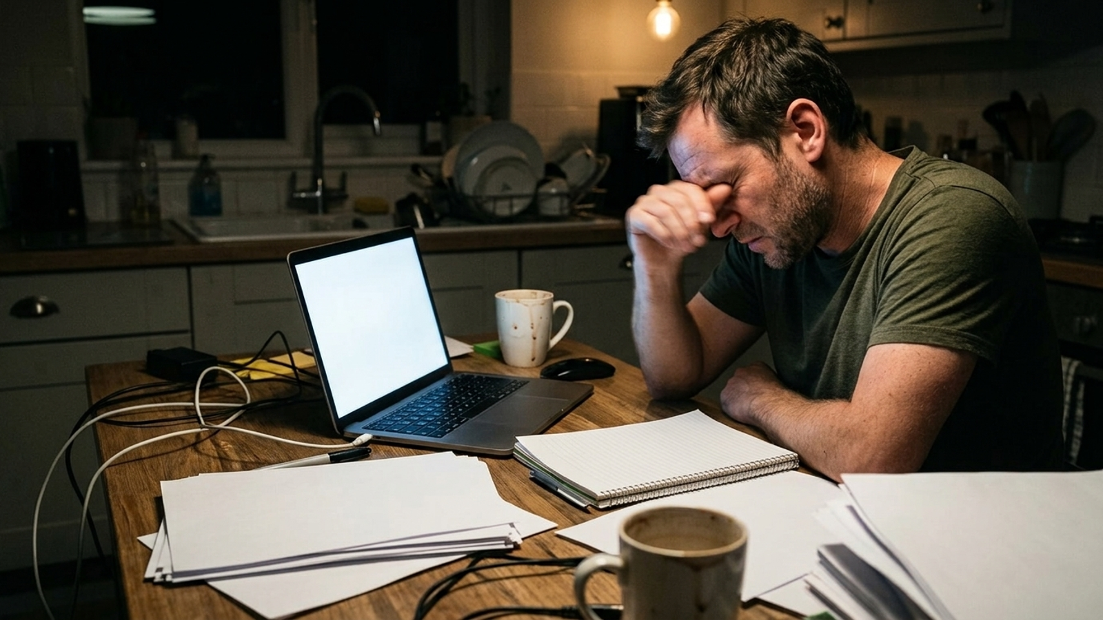 A business owner working late at a kitchen table