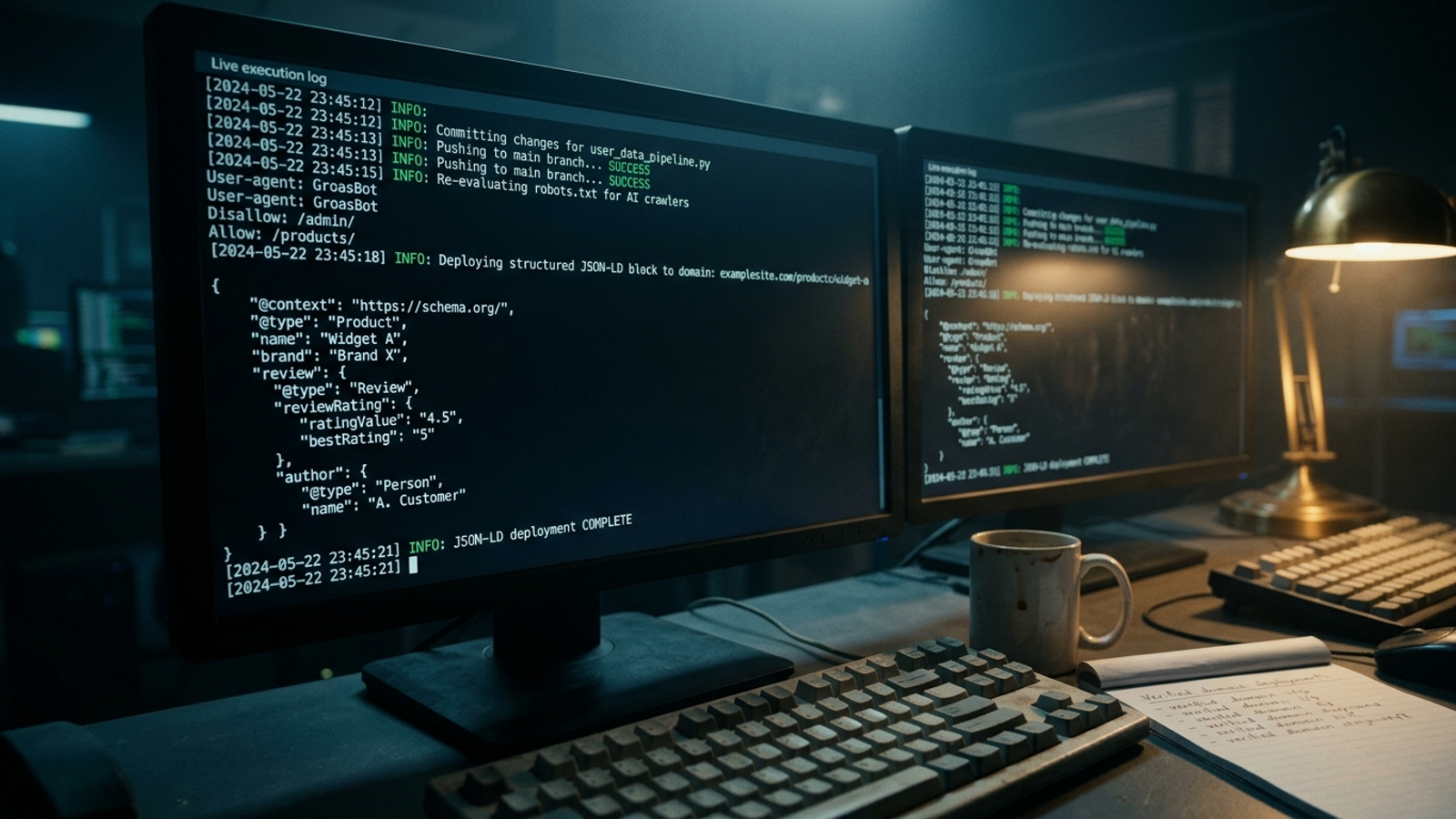 An operator terminal displaying dated entries for deployed robots.txt and schema changes.