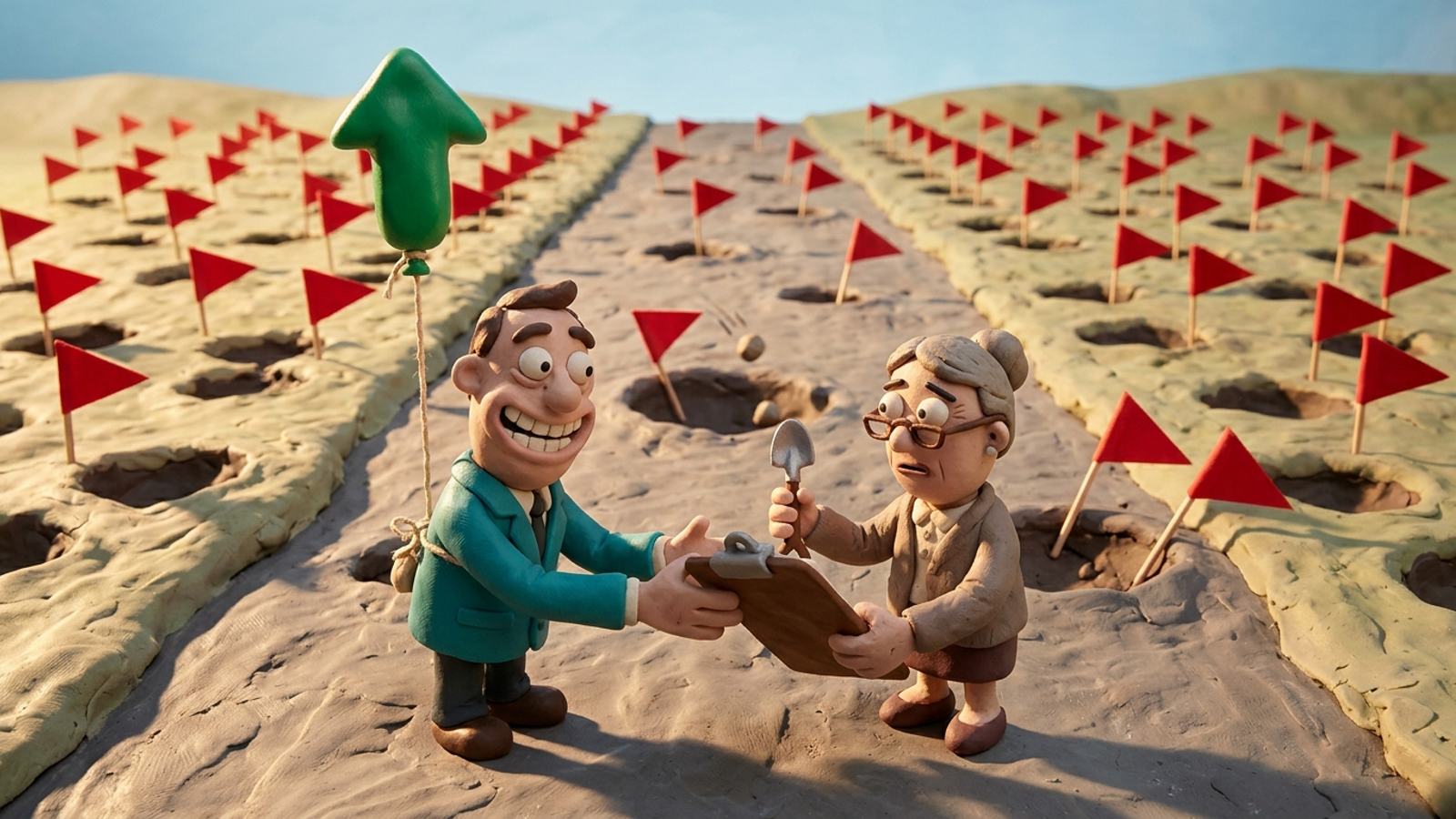 Clay vendor who flagged hundreds of potholes cheerfully hands a dismayed owner a clipboard and a teaspoon shovel, an up-arrow balloon on his wrist.