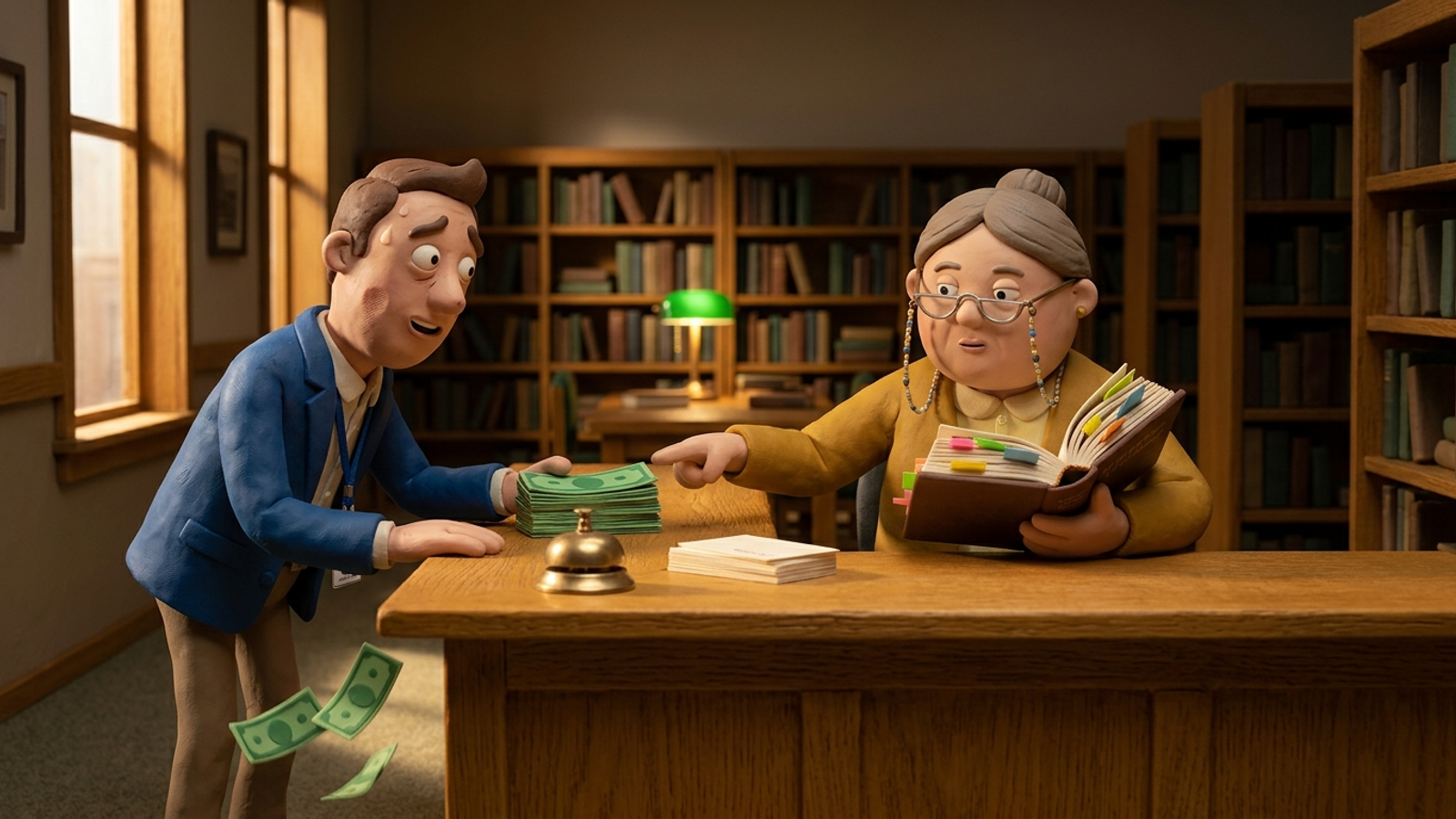 Clay librarian keeps reading her bookmarked reference book while pushing back a marketer's stack of cash, because AI answers can't be bought.