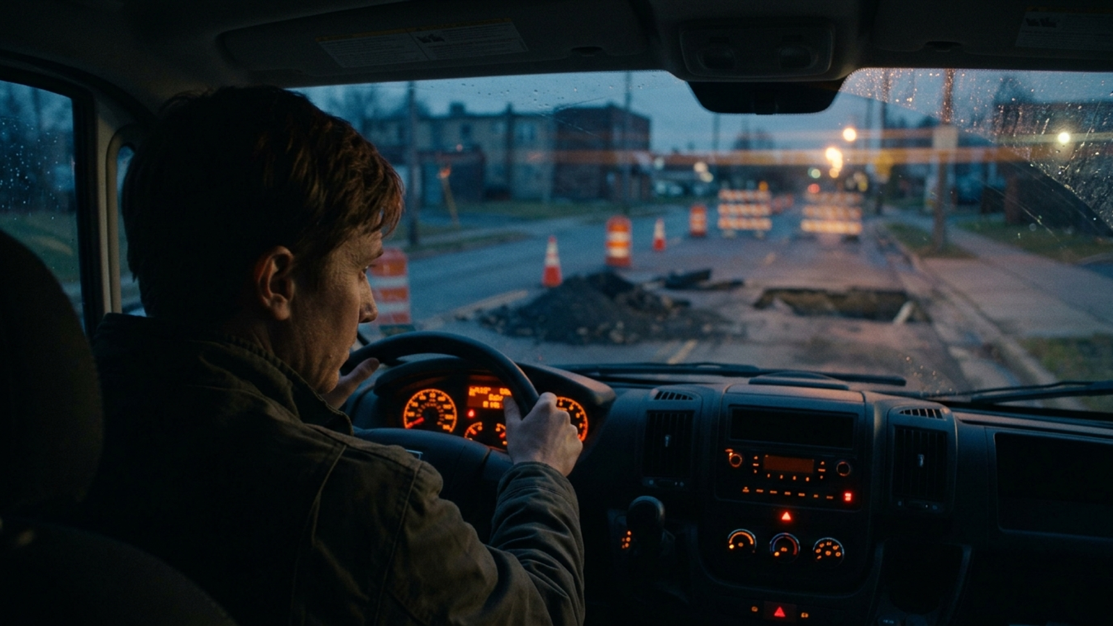 A glowing car dashboard facing a road under construction
