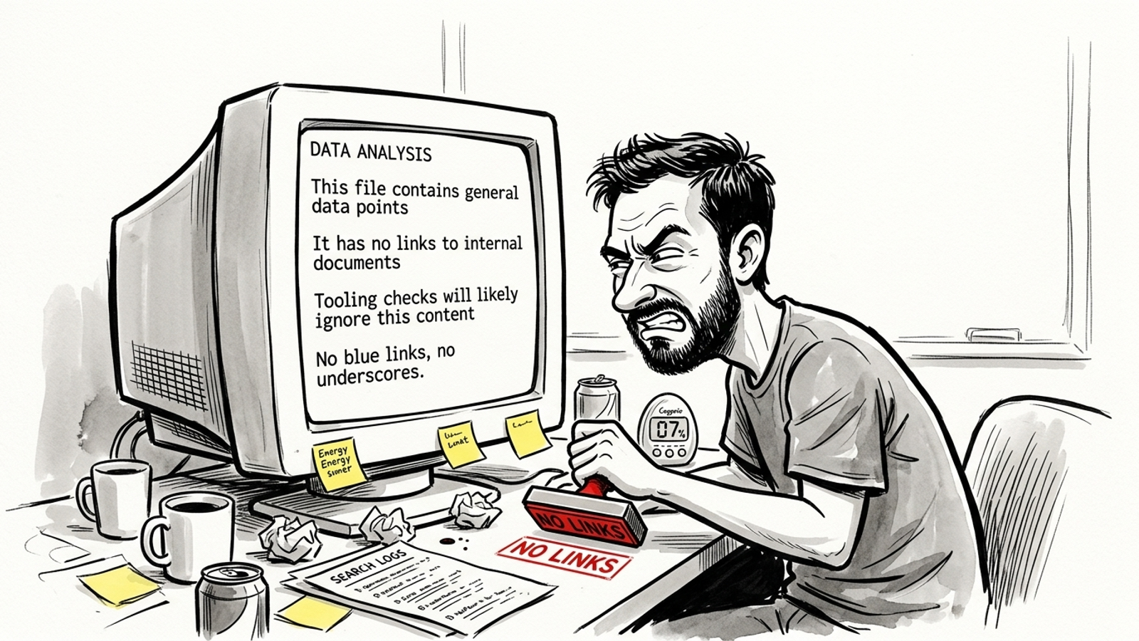 Ink cartoon of marketer staring at llms.txt file that contains zero clickable links