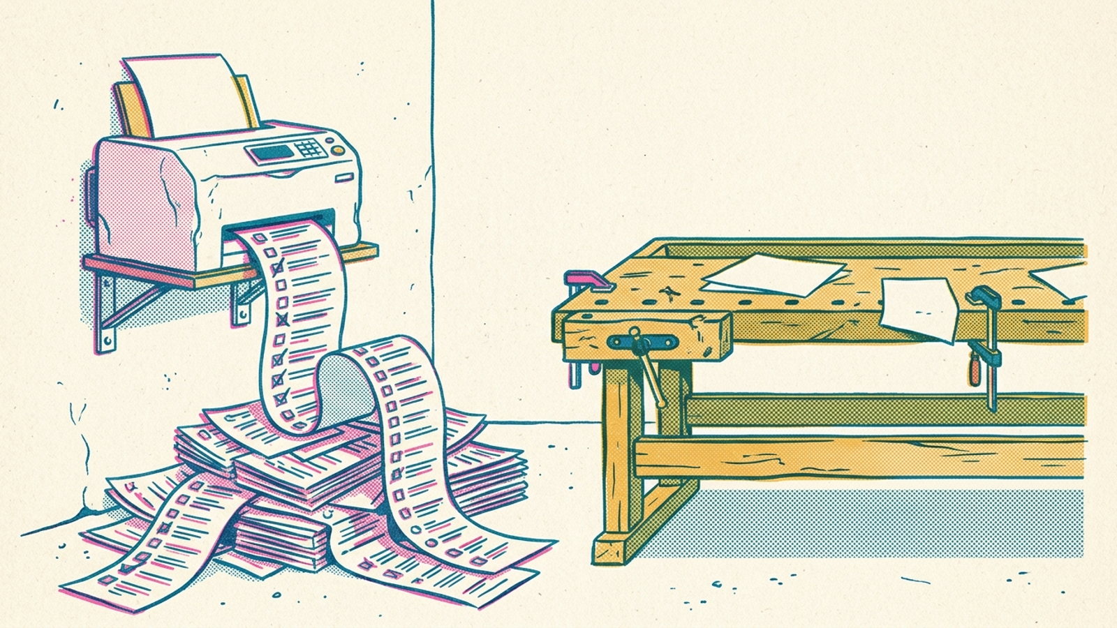 A dashboard prints to-do lists beside an empty workbench