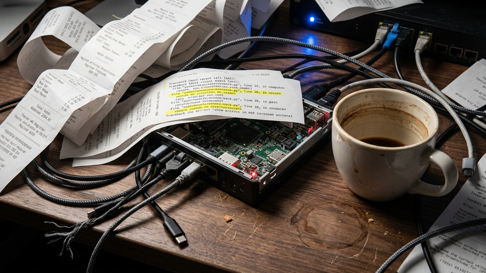 Receipt paper, API error logs, and a miniature server crowd a desk.
