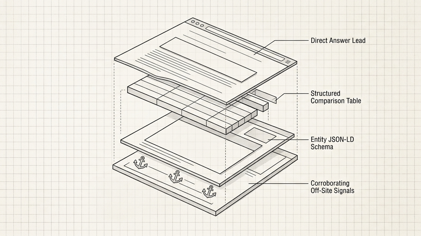 Page inspection checklist showing a direct answer, comparison table, entity schema, and third-party presence.