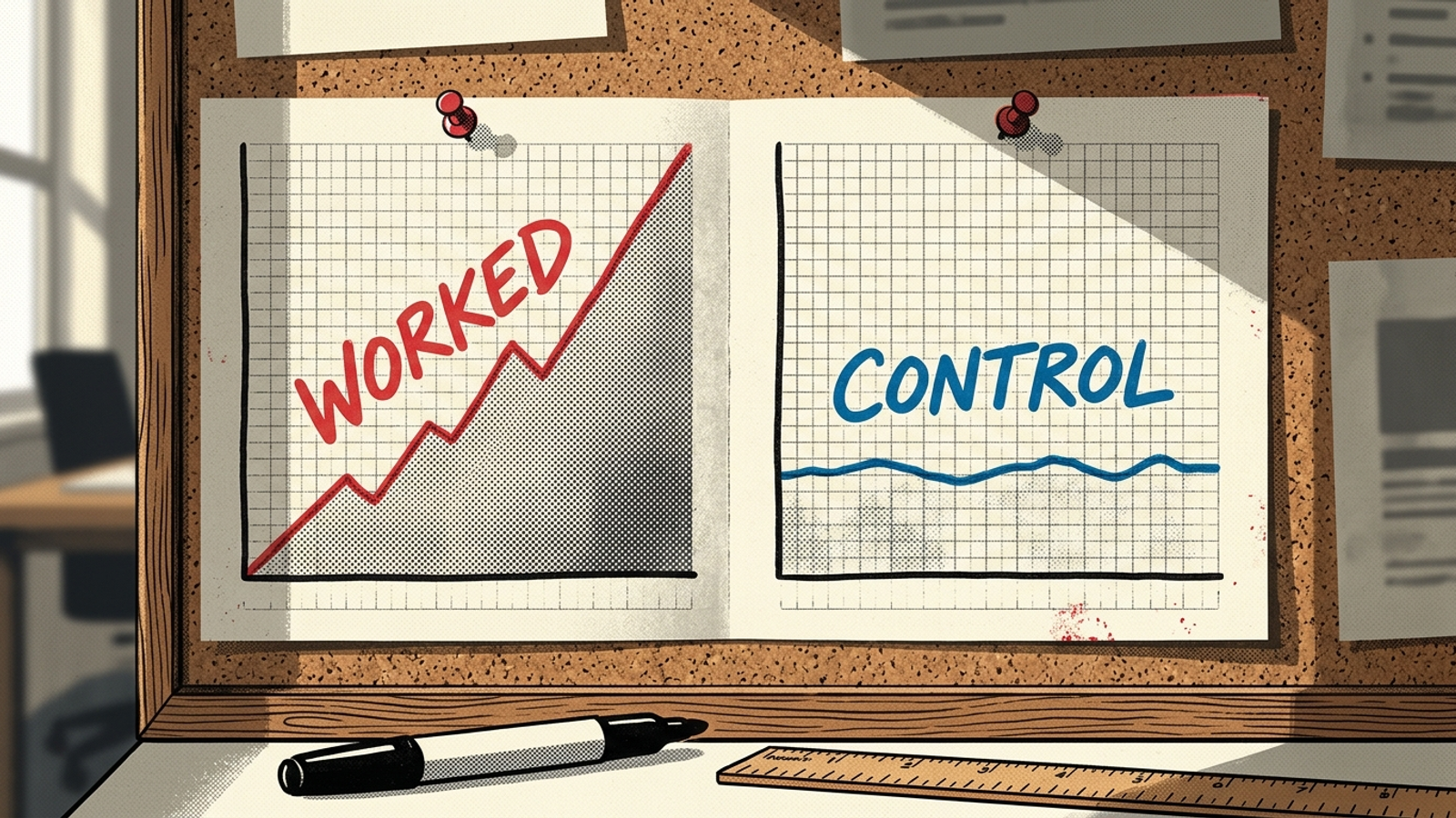 Two diverging trend lines for worked and control prompts pinned to a board