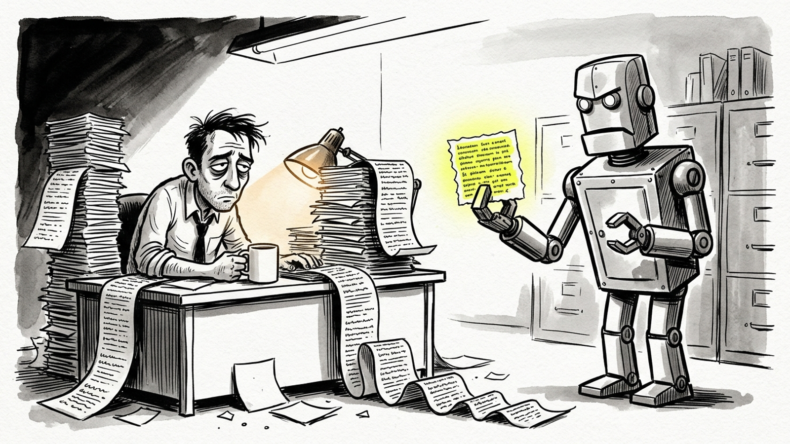 Ink cartoon of a robot librarian lifting one labeled paragraph from a messy page