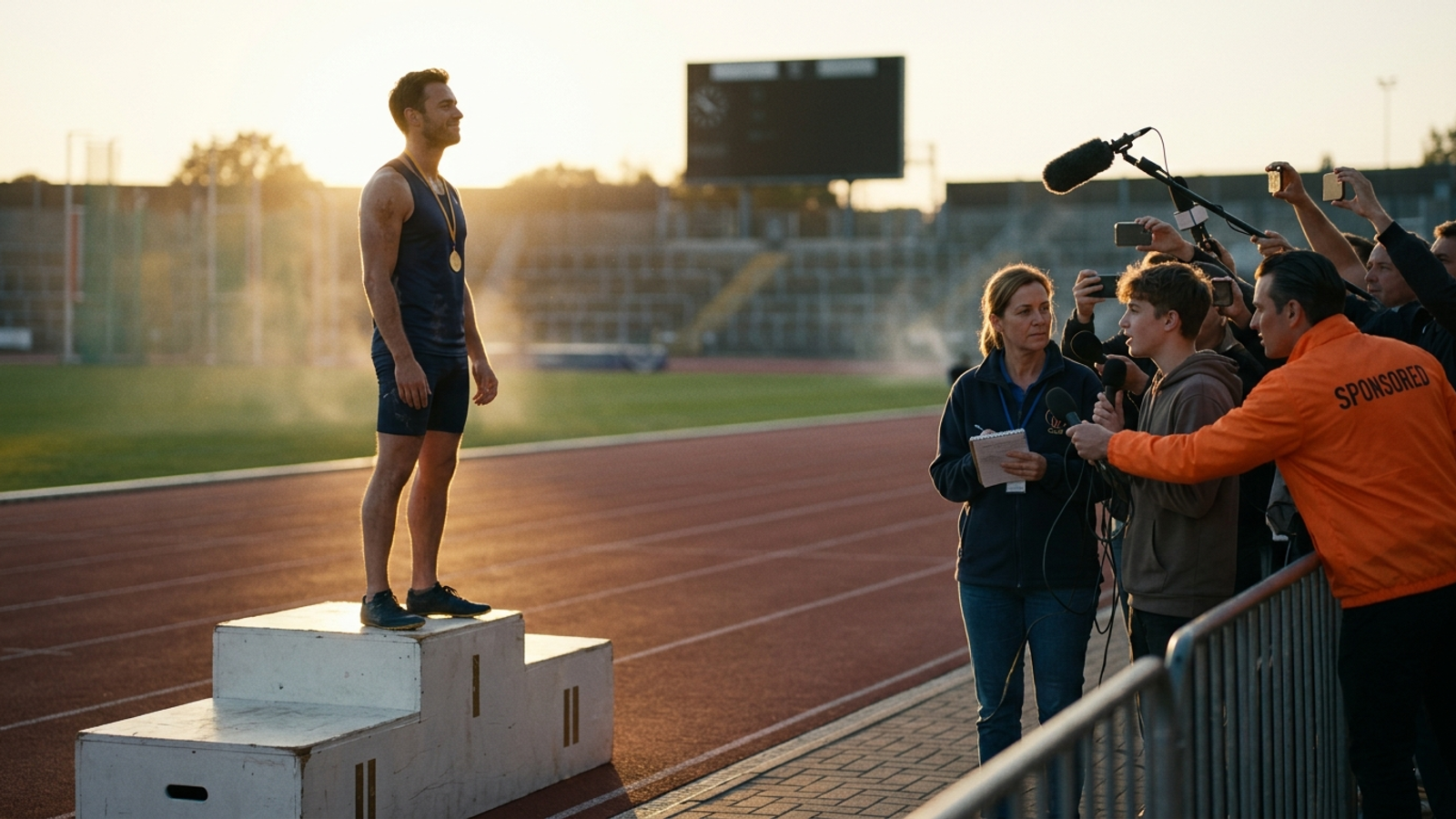A gold medallist stands alone on the podium while reporters' microphones swarm bystanders and a 'SPONSORED' jacket: ranking first no longer earns the quote.