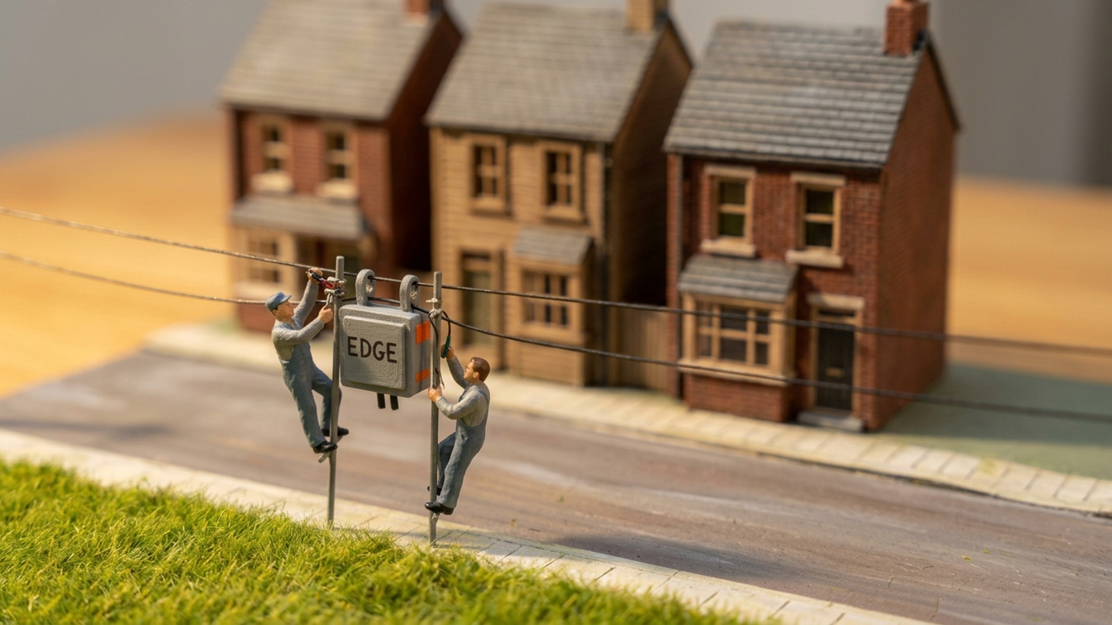 Tiny technicians installing a proxy box on a miniature client website street