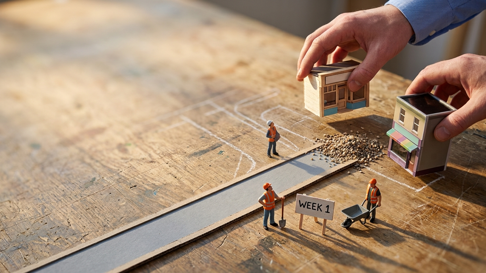 Tiny road workers finish a road to a model shop as giant hands swap the shop for a new one, leaving their road a dead end beside a 'WEEK 1' sign.