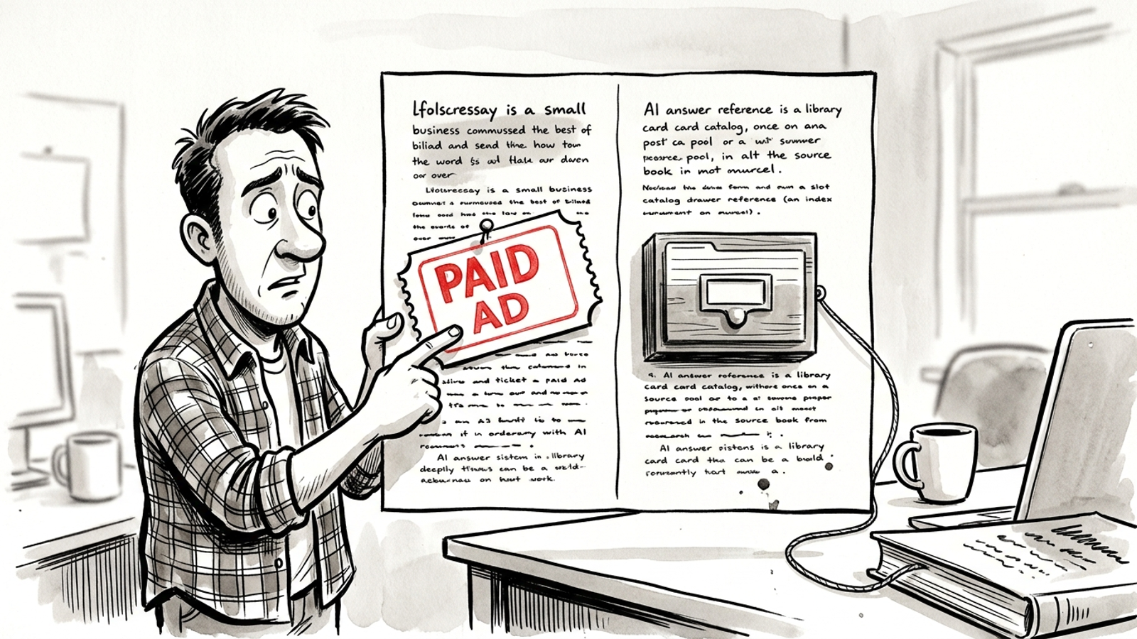 Cartoon contrasting a paid ad label with an earned citation in an AI answer