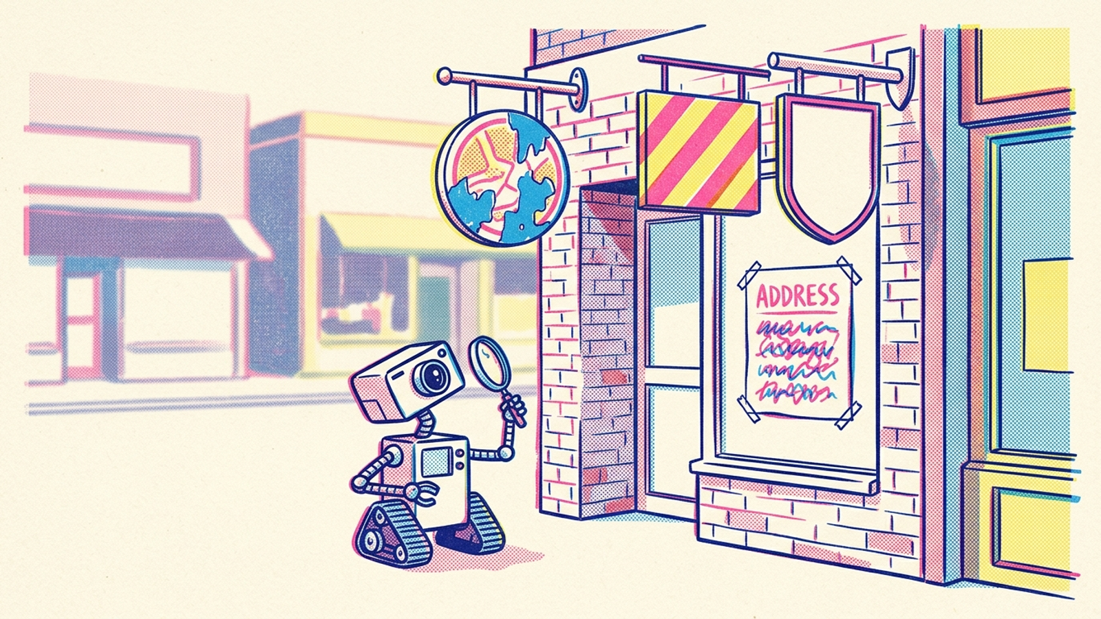 Small business storefront with mismatched name signs confusing a robot reader
