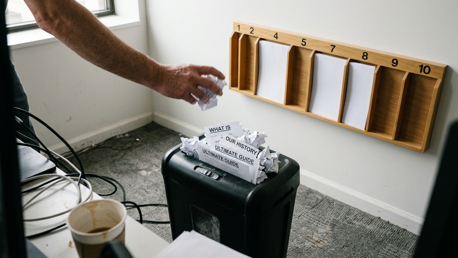 Rejected thin blog ideas in a shredder beneath ten numbered page slots