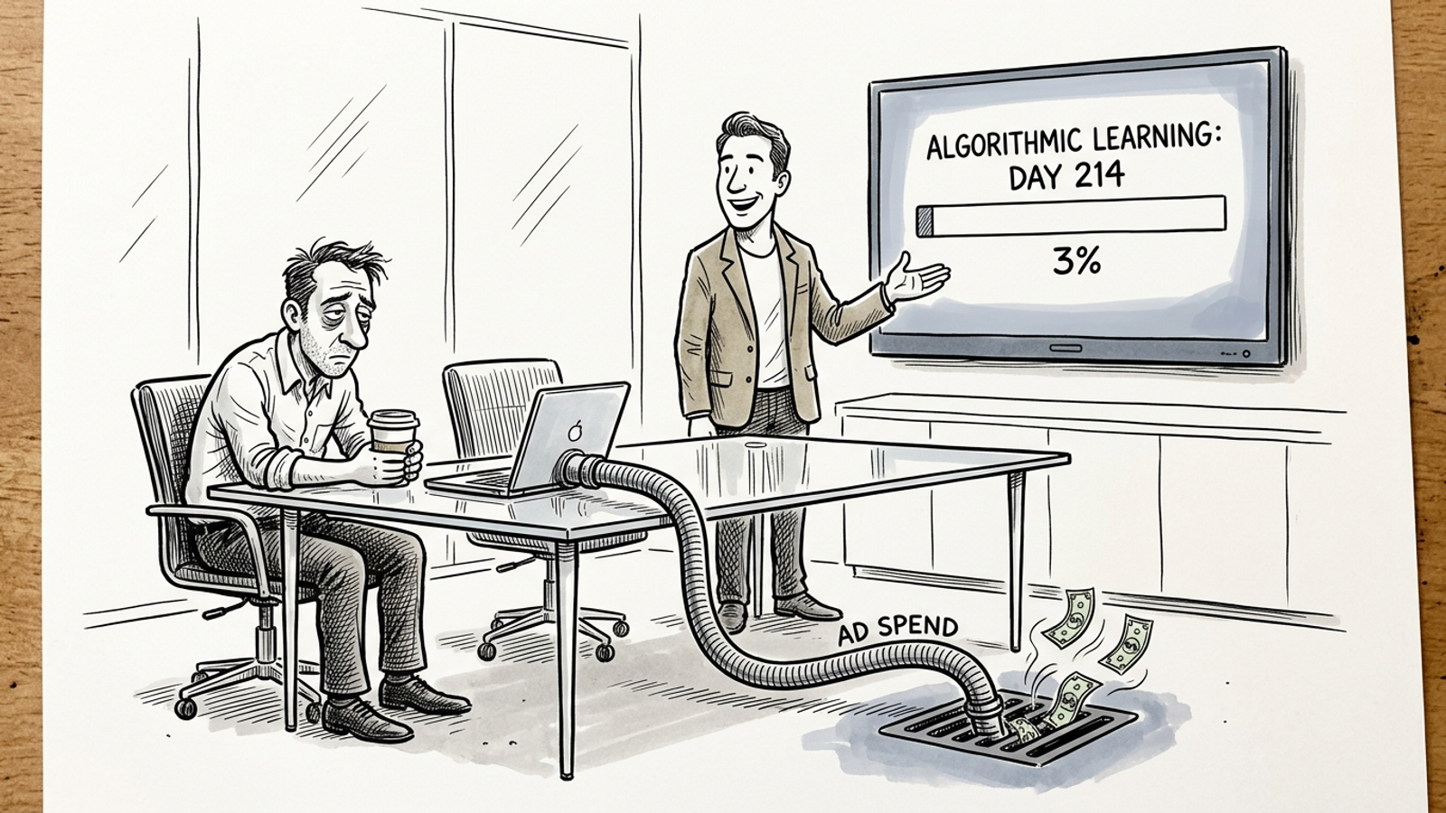Pen-and-ink cartoon of an agency executive presenting a learning-phase slide while ad spend drains into the floor.