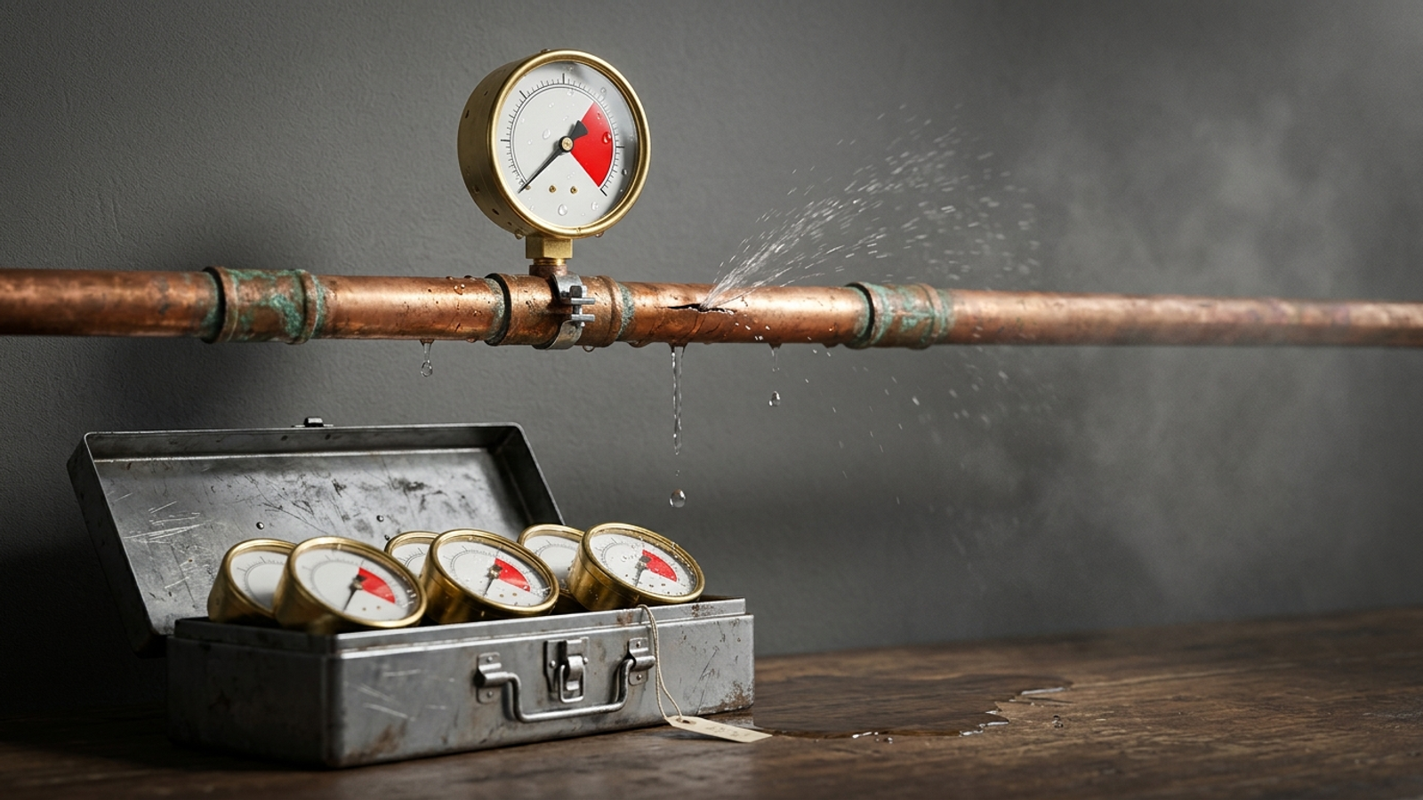 A pristine gauge reads red beside a leaking pipe while the toolbox below holds only more gauges: measuring the problem instead of fixing it.