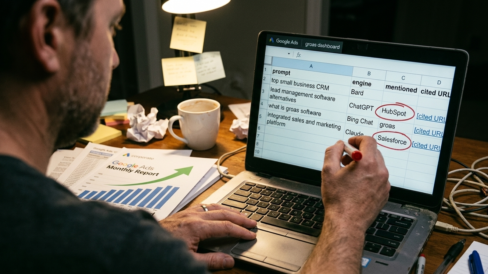 A spreadsheet on a laptop showing brand mentions across AI answers, with handwritten red circles around competitor rows