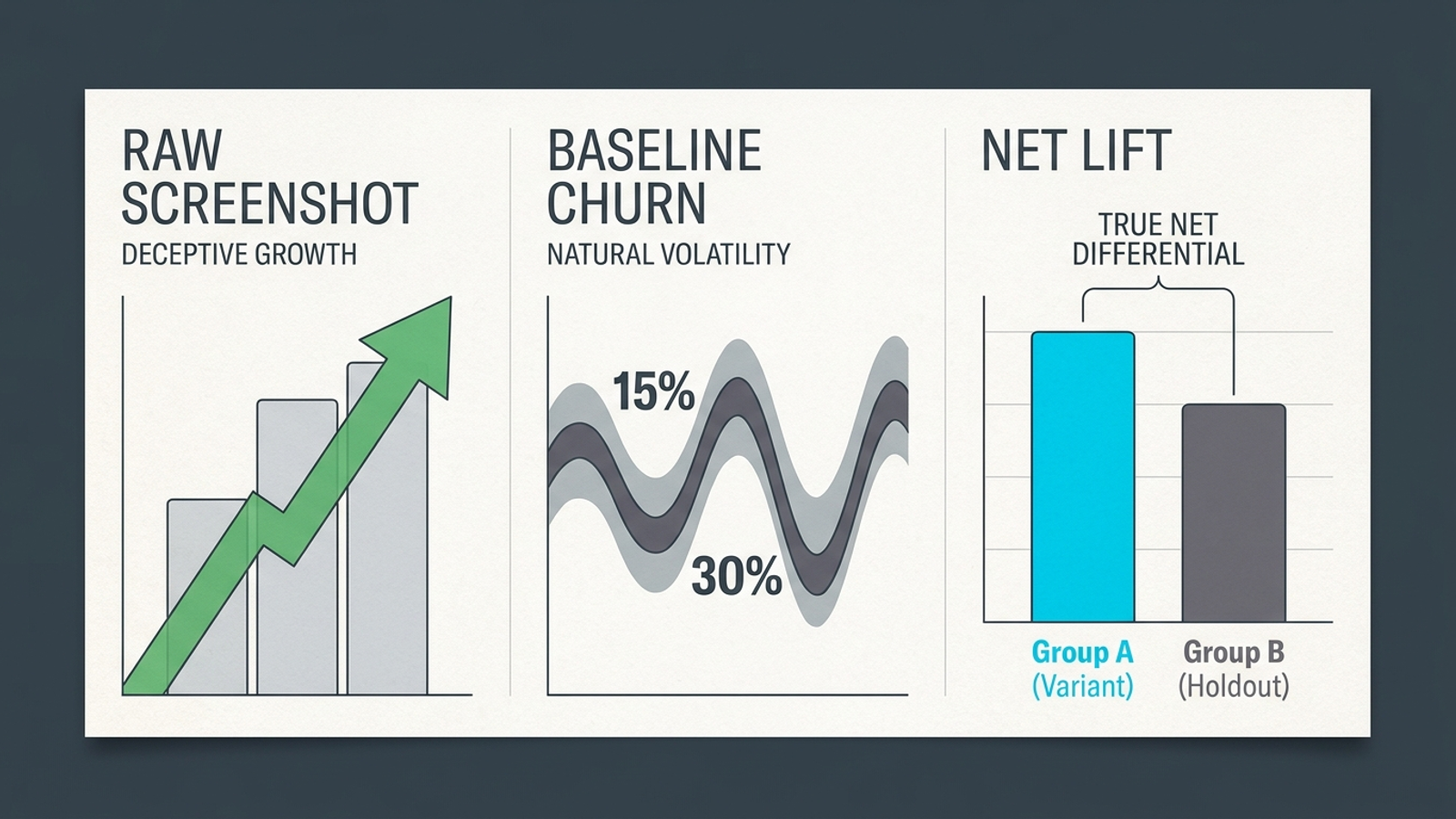 Three-panel chart comparing raw citation lift, holdout lift, and baseline noise.