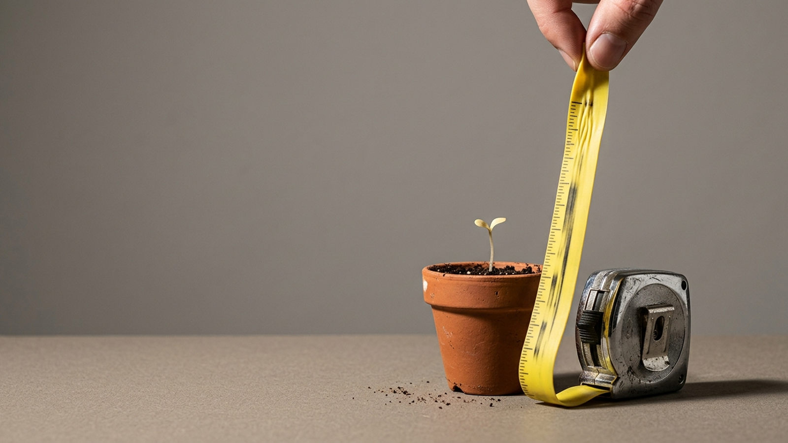 A tiny seedling beside a rubber tape measure stretched upward by two fingers, so a plant that barely grew appears tall.