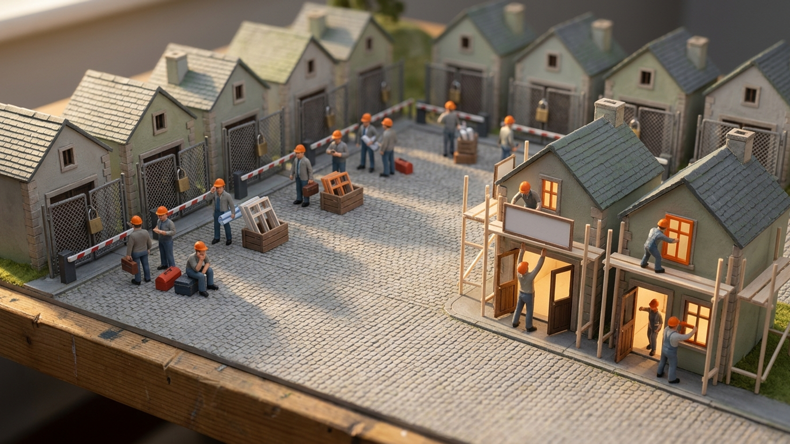 Tiny model town where hard-hatted workers queue idle outside ten locked client buildings while only two sites have open doors and active scaffolding.