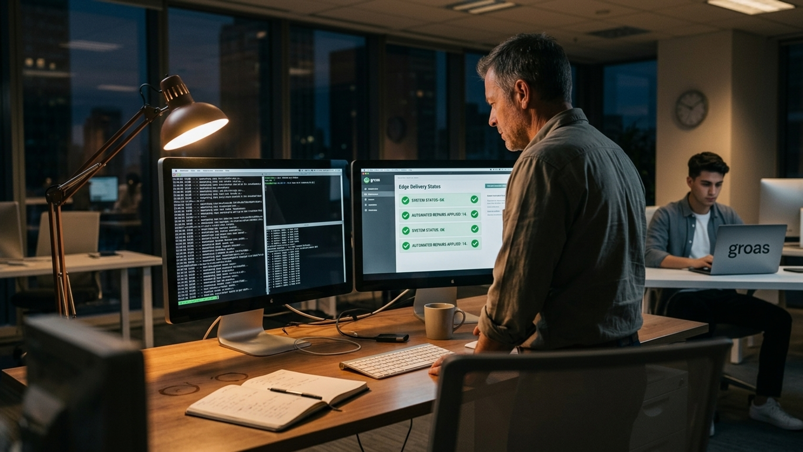 An agency media director reviews live system logs at a dual-monitor workstation.