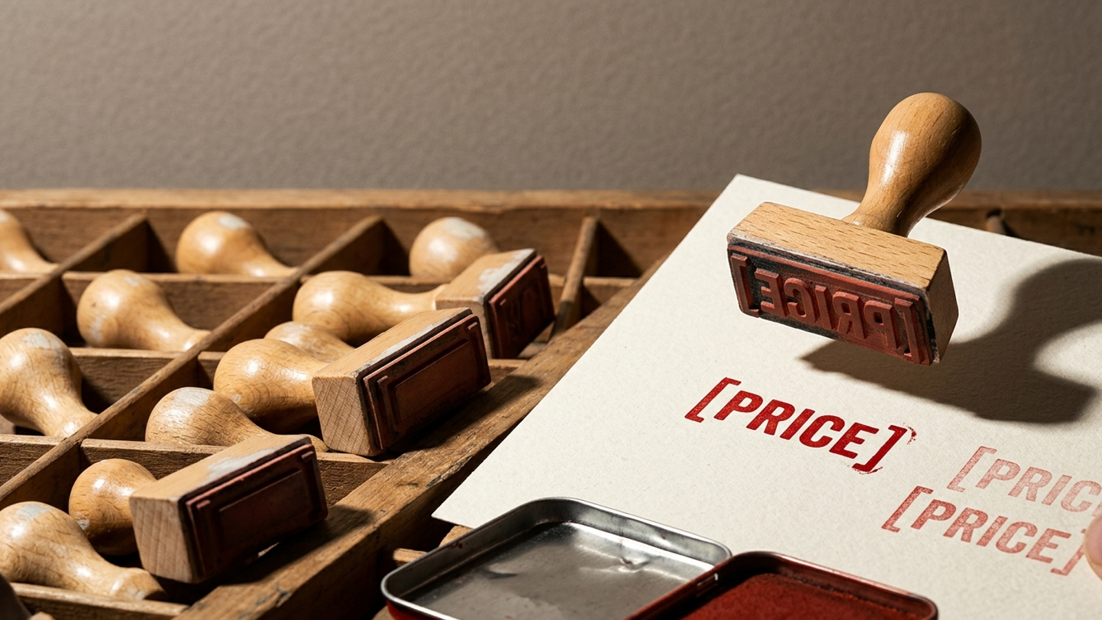 A rubber stamp lifts from a fresh red "[PRICE]" print beside a tray of placeholder stamps, framing AI-ready copy as reusable fill-in templates.