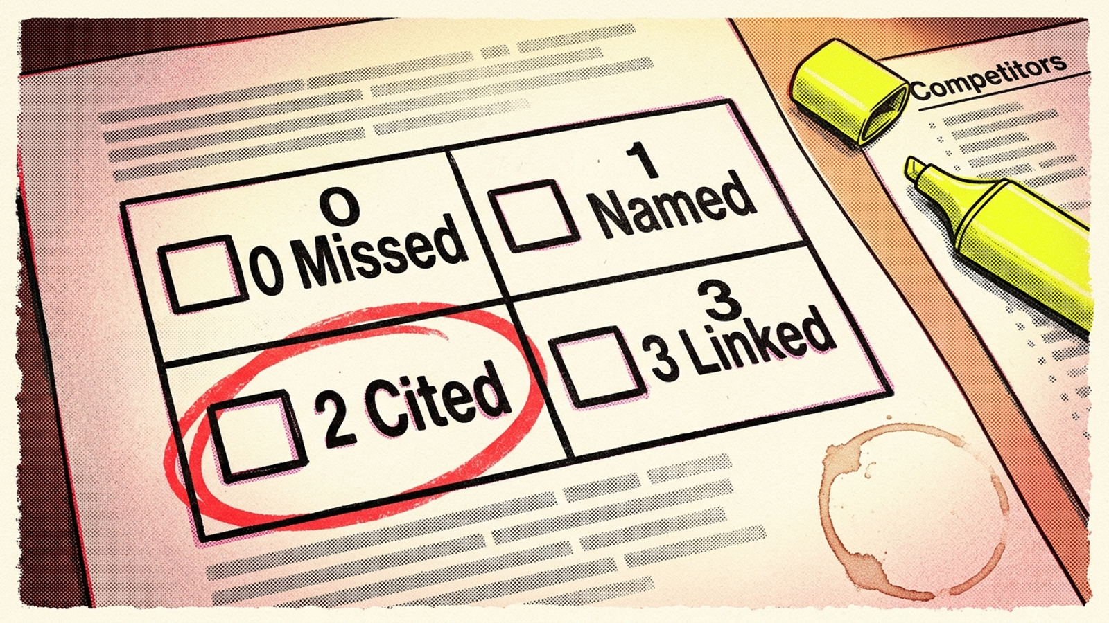 Zero-to-three scorecard marking an AI answer from missed to linked citation