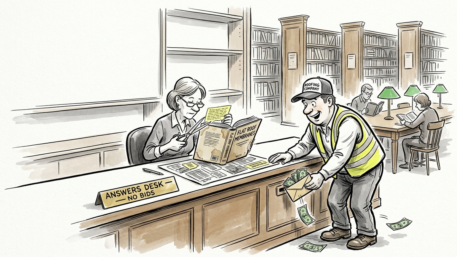 Cartoon of a roofer offering cash at a library answers desk while the librarian ignores him, clipping the useful paragraph that actually earns the spot.