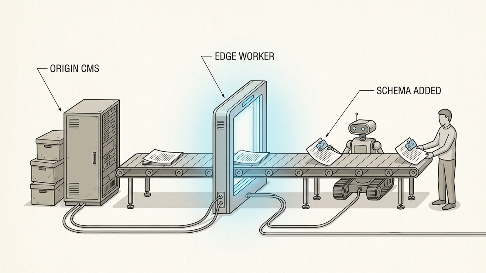 Cutaway diagram of a site response passing through an edge worker before reaching a visitor or bot