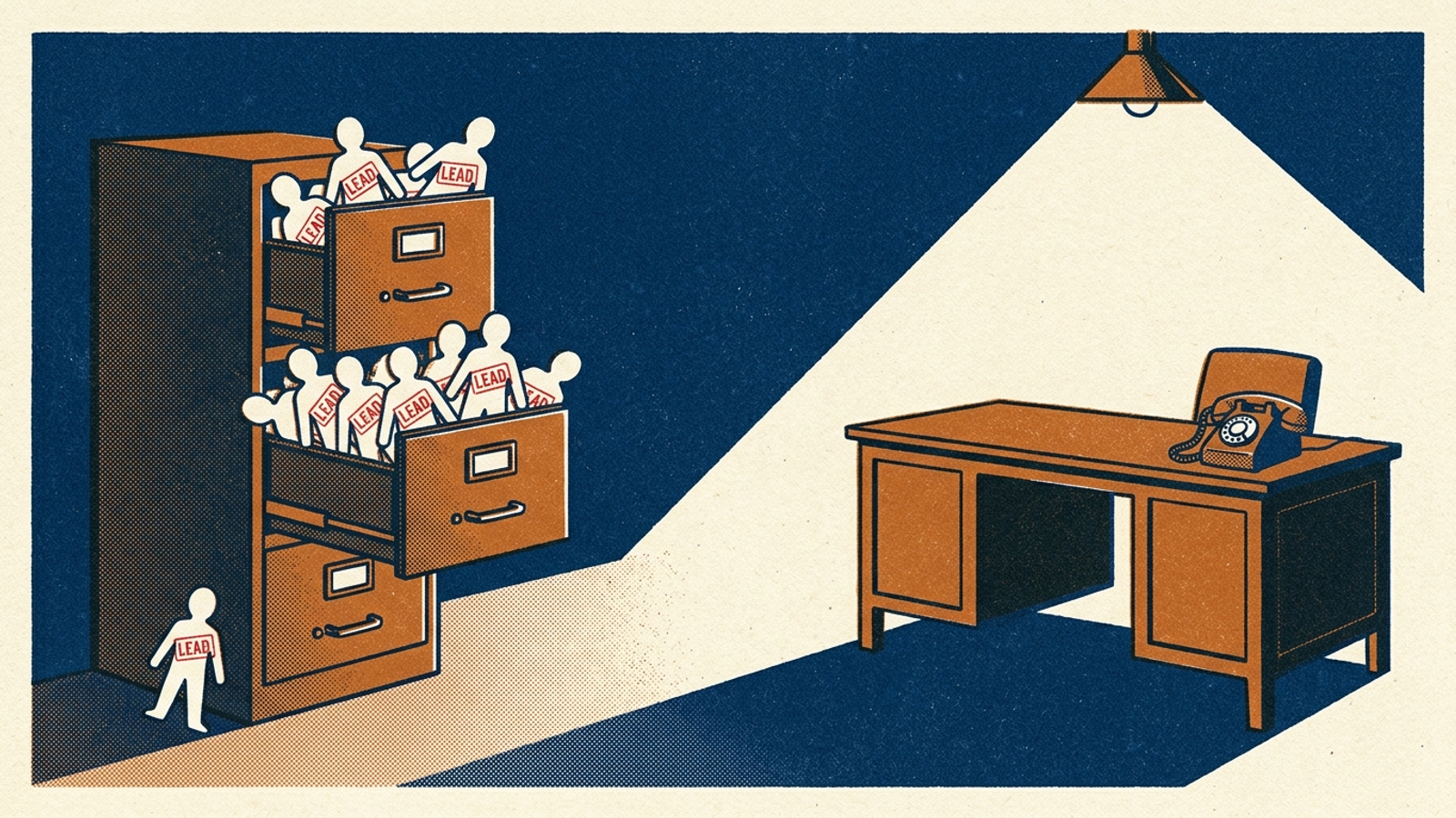 Illustration of a filing cabinet overflowing with paper figures beside an empty sales desk.