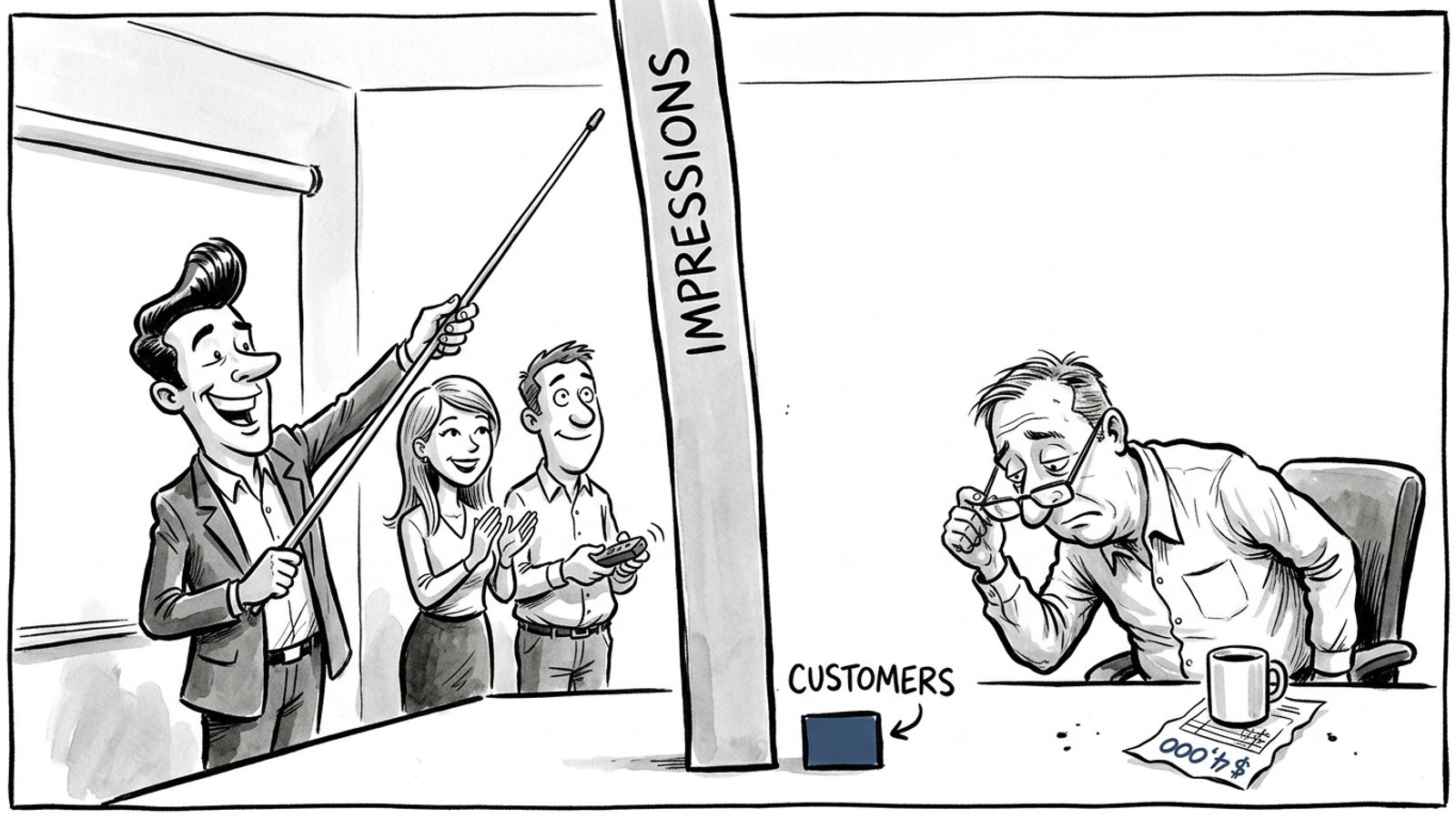 Cartoon of agency staff proudly pointing at a towering 'Impressions' bar while their client squints at a tiny 'Customers' bar, his $4,000 invoice under his mug.