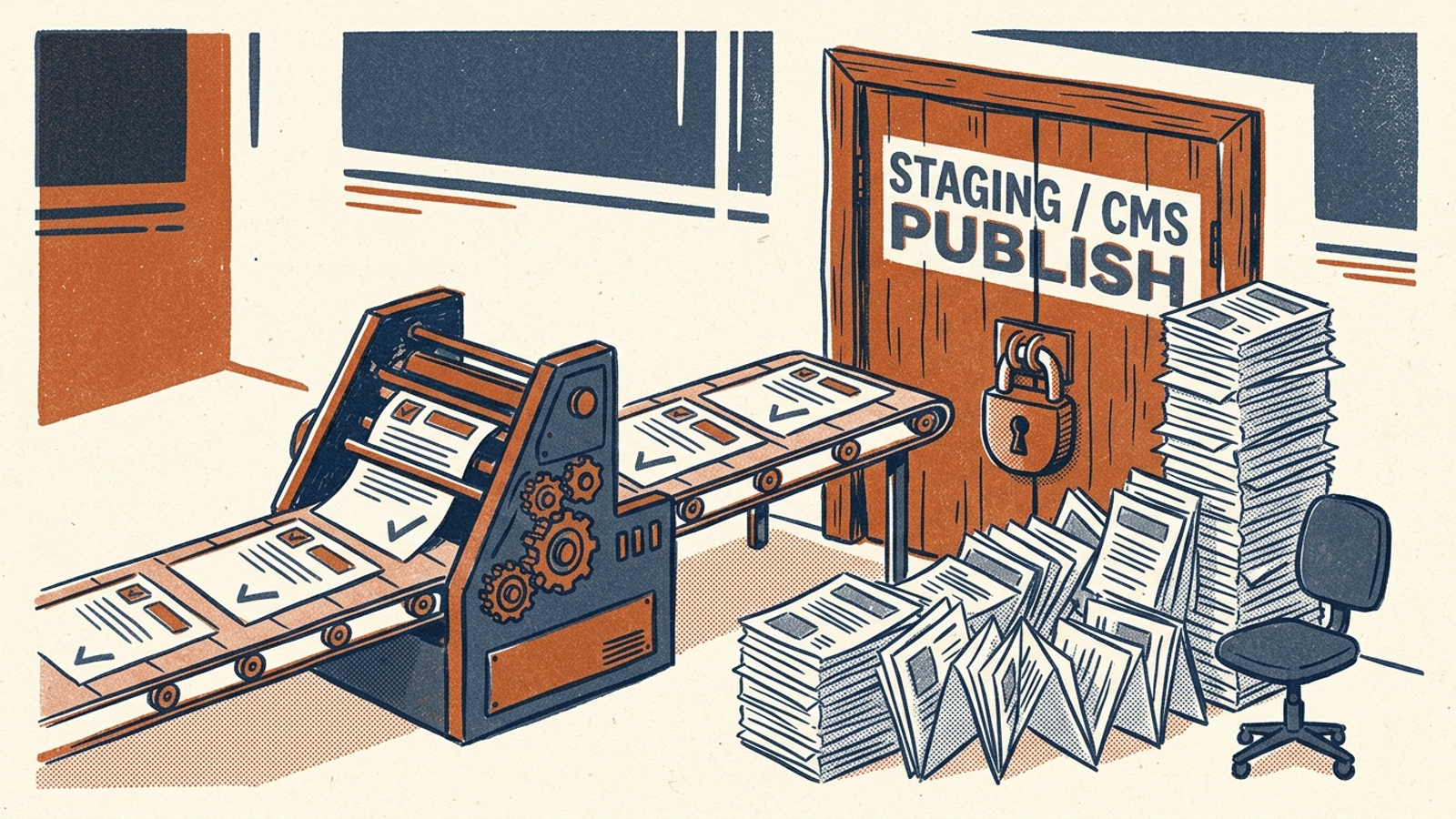 Editorial illustration of a printing press producing web articles that pile up against a locked door marked CMS.