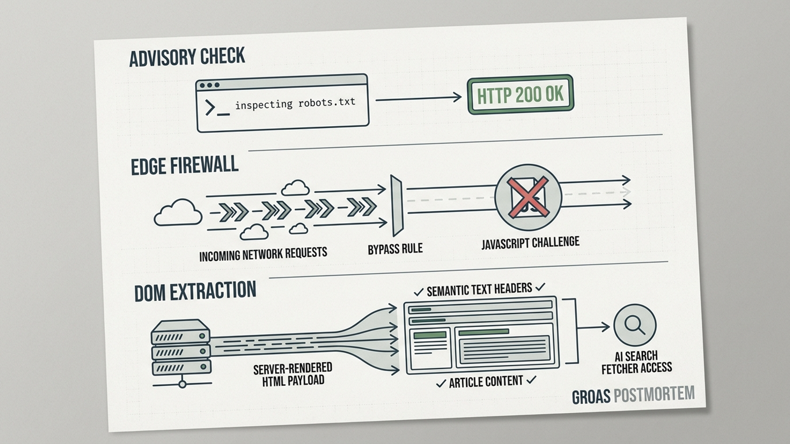 Technical checklist showing checks at the edge, robots.txt, and page-rendering layers.