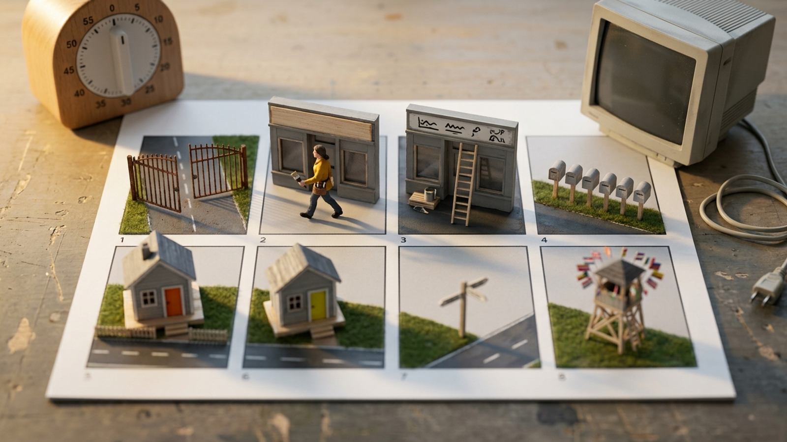 Tiny worker builds through an eight-week calendar of dioramas while a giant unplugged monitor lies face-down, cut from the plan.