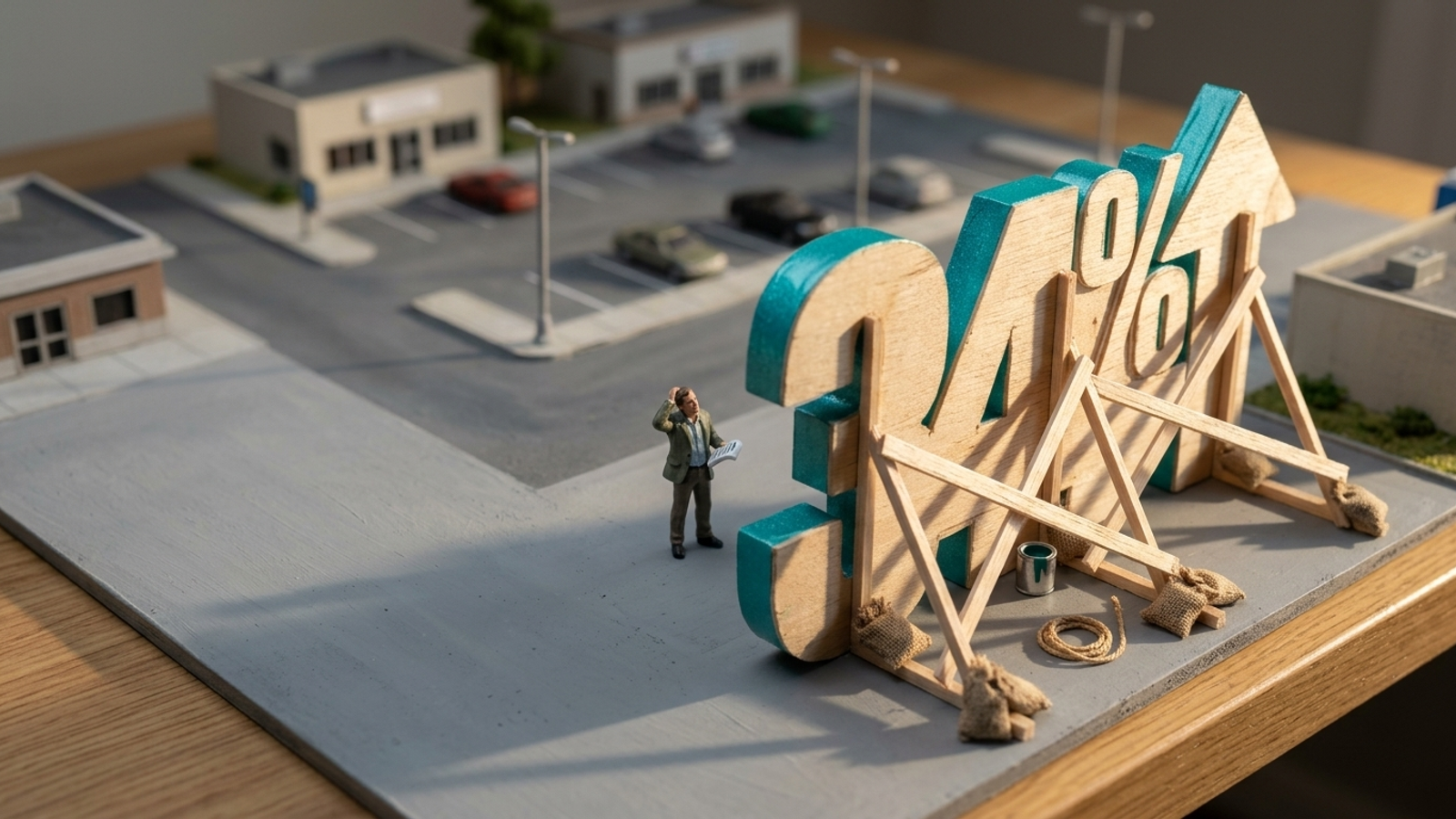 Tiny businessman behind a giant '34%' sign with an up arrow on a model street, finding it's just a plywood facade propped up by braces.