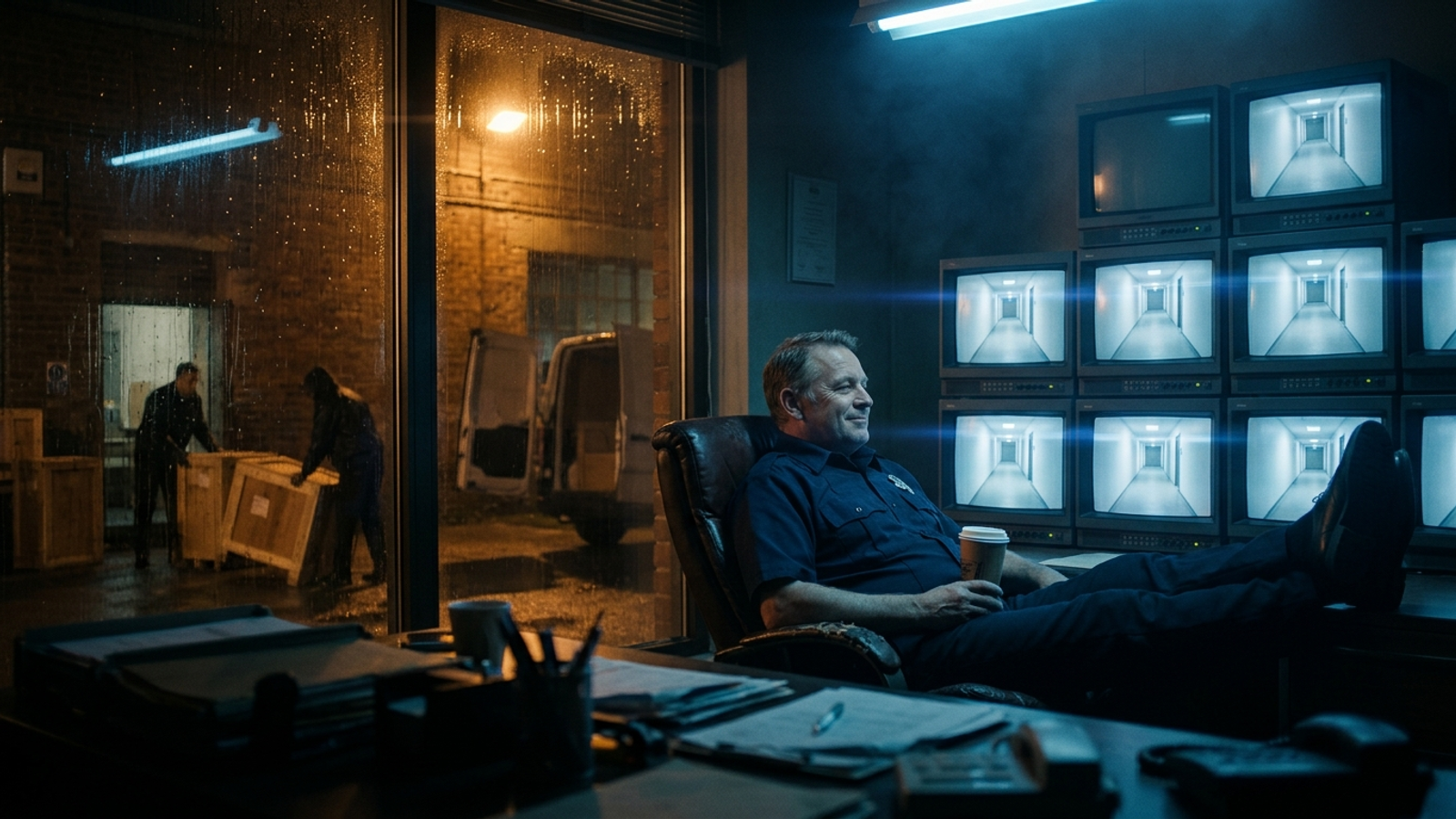 A guard contentedly watches monitors of empty corridors while, through the window behind him, thieves wheel crates out of an unmonitored door.