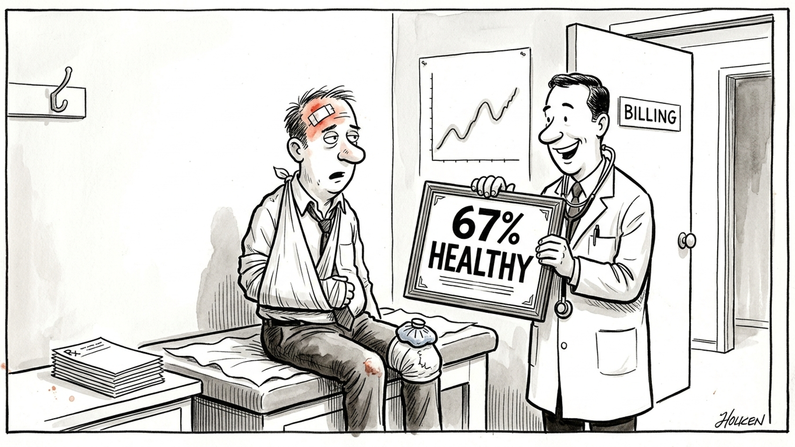 Cartoon of a beaming doctor handing a bandaged patient a framed '67% HEALTHY' certificate: a diagnosis with no treatment, like a dashboard with no fixes.