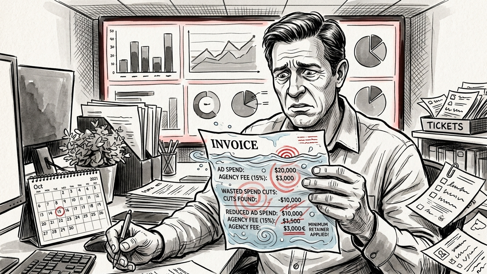 Ink cartoon of agency owner holding retainer invoice while demo dashboard watches